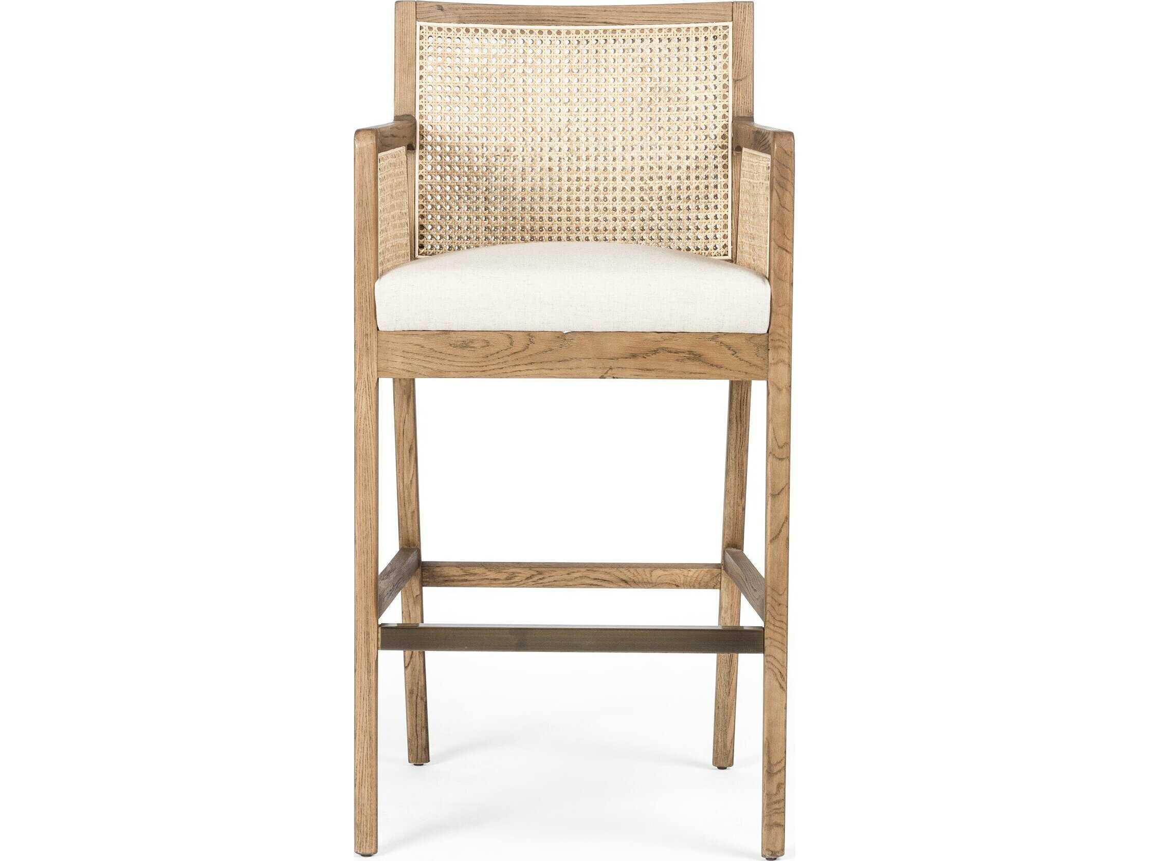 Four Hands Belfast Antonia Upholstered Solid Wood Light Natural Cane Toasted Parawood Brass Kickplate Savile Flax Bar Stool