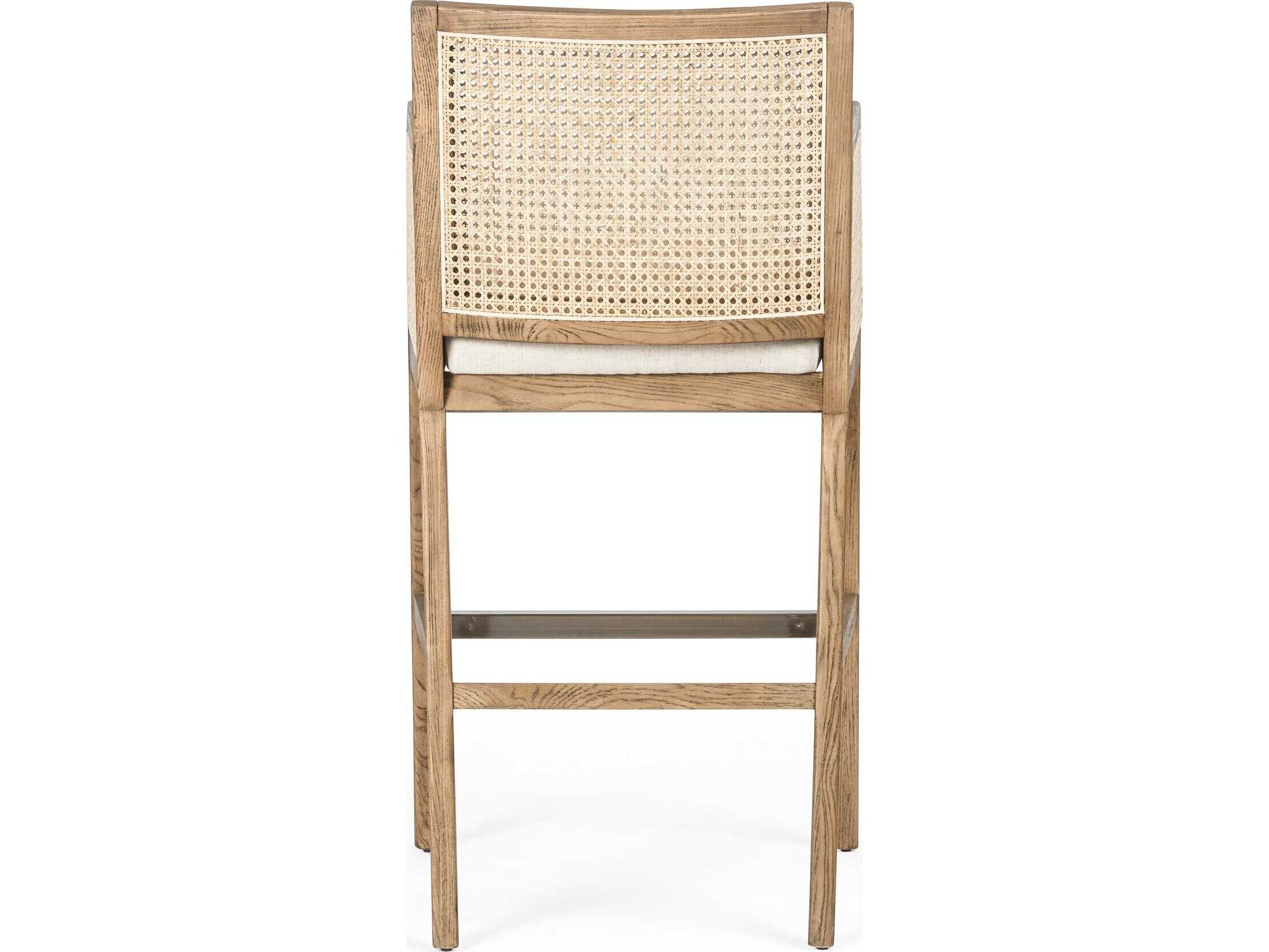 Four Hands Belfast Antonia Upholstered Solid Wood Light Natural Cane Toasted Parawood Brass Kickplate Savile Flax Bar Stool