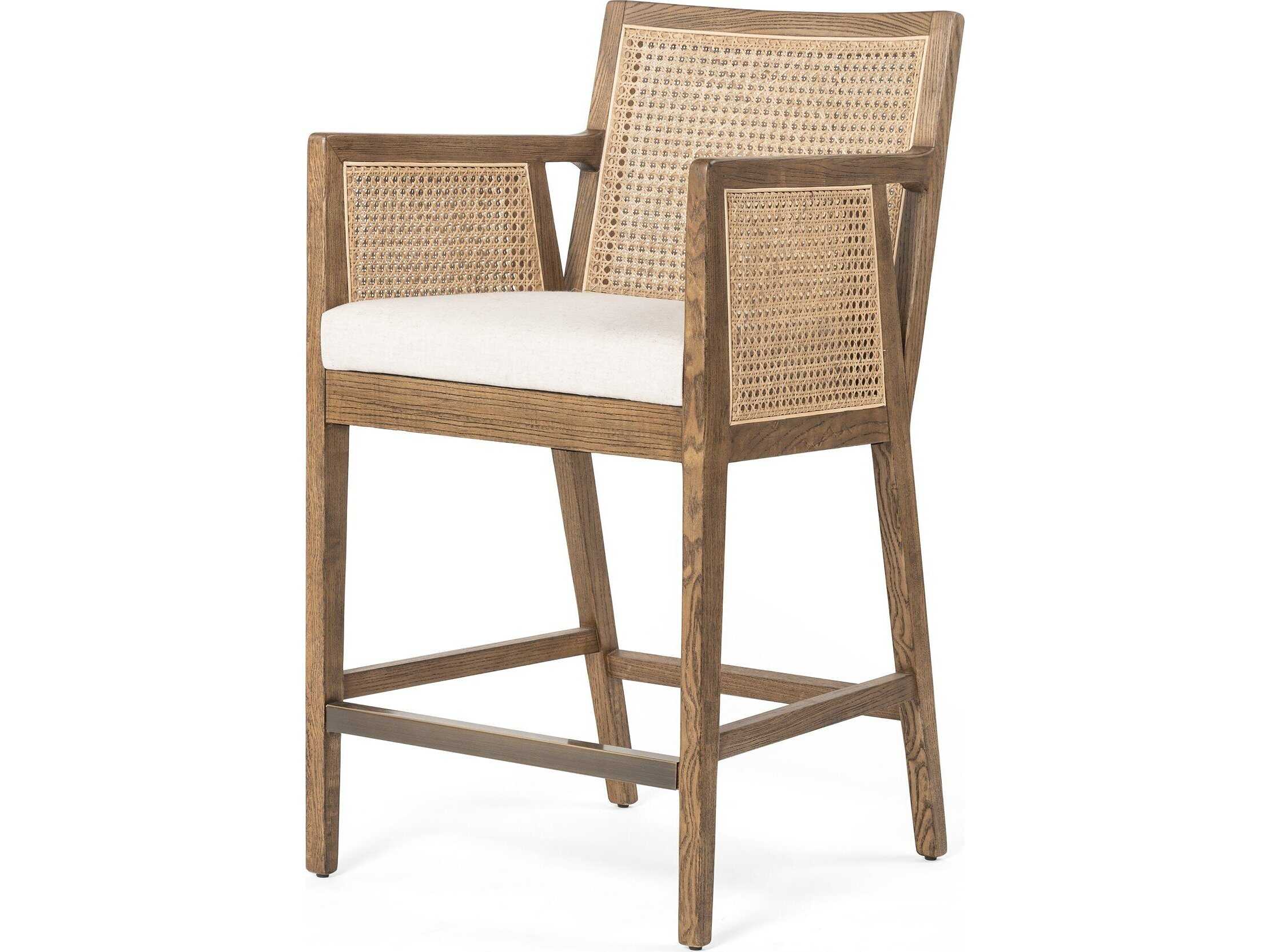 Four Hands Belfast Antonia Upholstered Solid Wood Light Natural Cane Toasted Parawood Brass Kickplate Savile Flax Counter Stool
