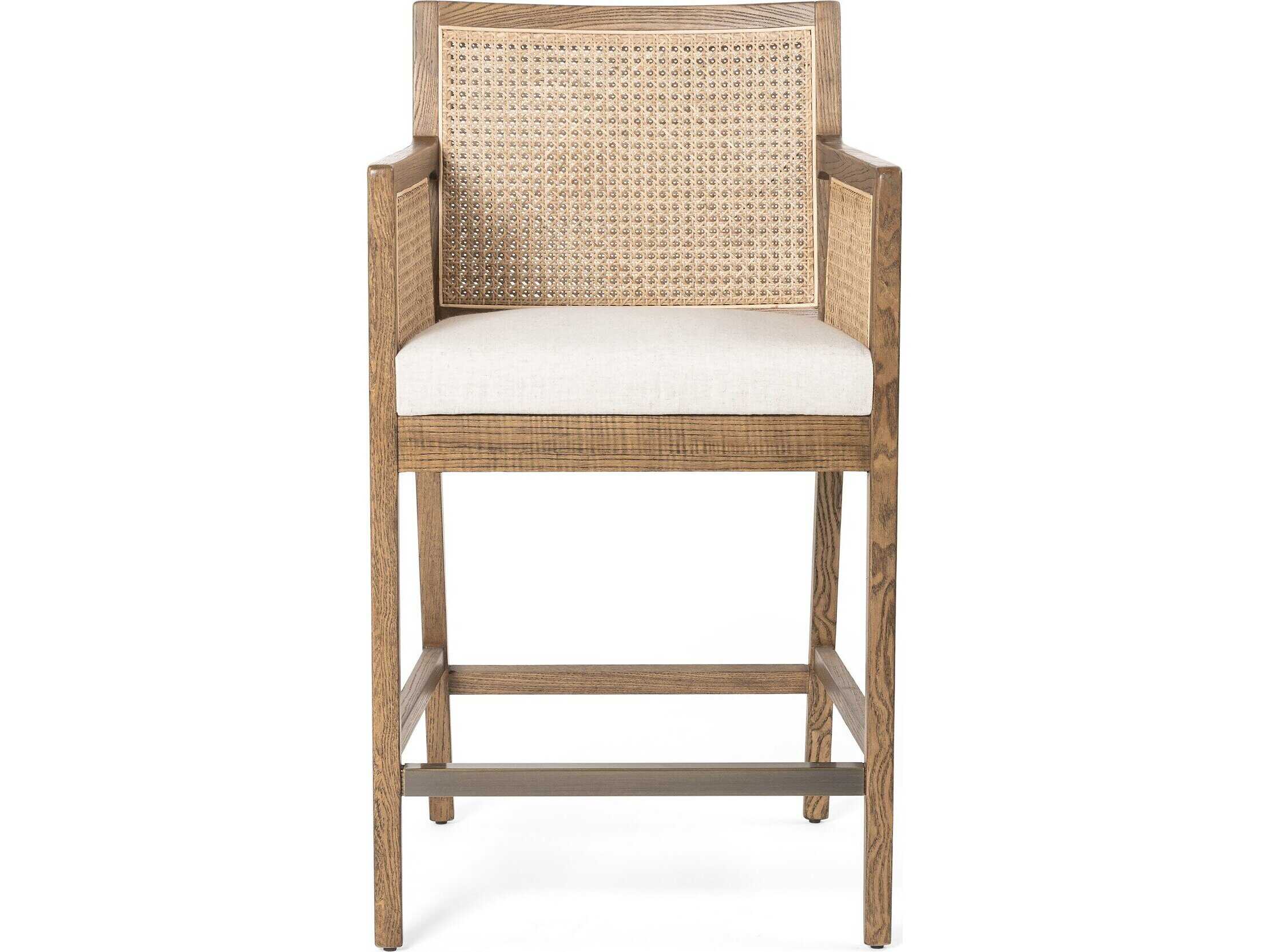 Four Hands Belfast Antonia Upholstered Solid Wood Light Natural Cane Toasted Parawood Brass Kickplate Savile Flax Counter Stool