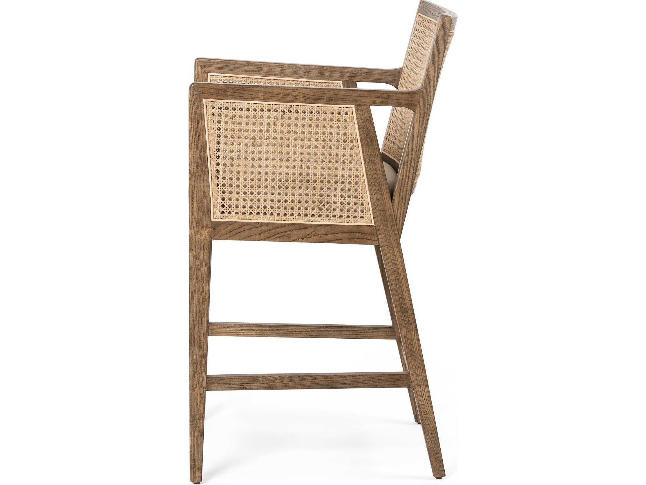 Four Hands Belfast Antonia Upholstered Solid Wood Light Natural Cane Toasted Parawood Brass Kickplate Savile Flax Counter Stool