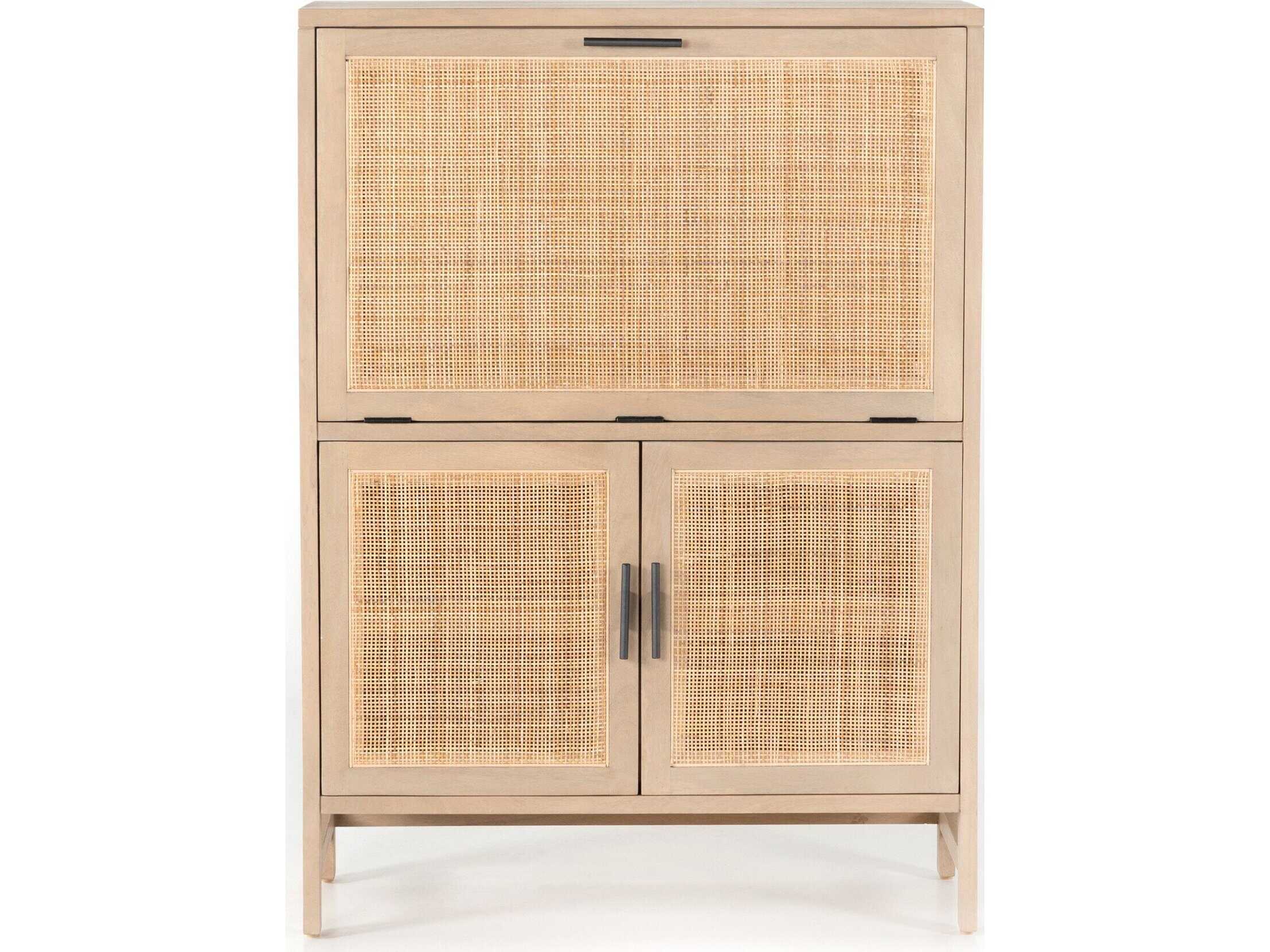 Four Hands Leighton Mango Wood Gunmetal Natural Cane Bar Cabinet