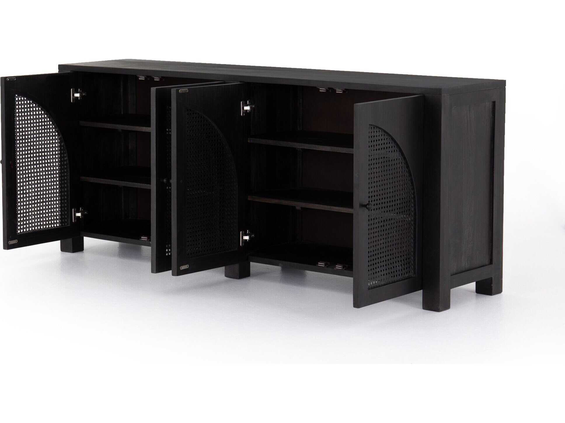 Four Hands Leighton Tilda 78" Mango Wood Black Wash Iron Circle Cane Sideboard