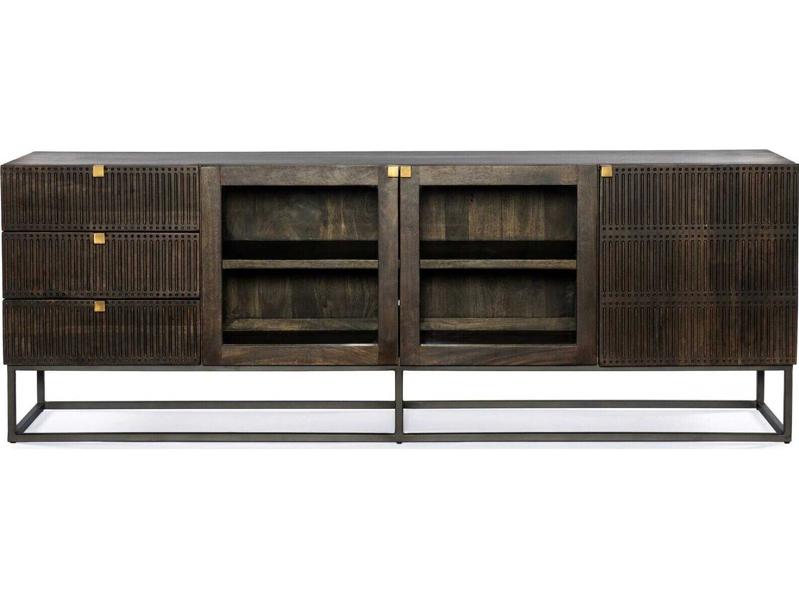 Four Hands Aiden Kelby 79" Mango Wood Gunmetal Aged Brass Carved Vintage Brown Media Console