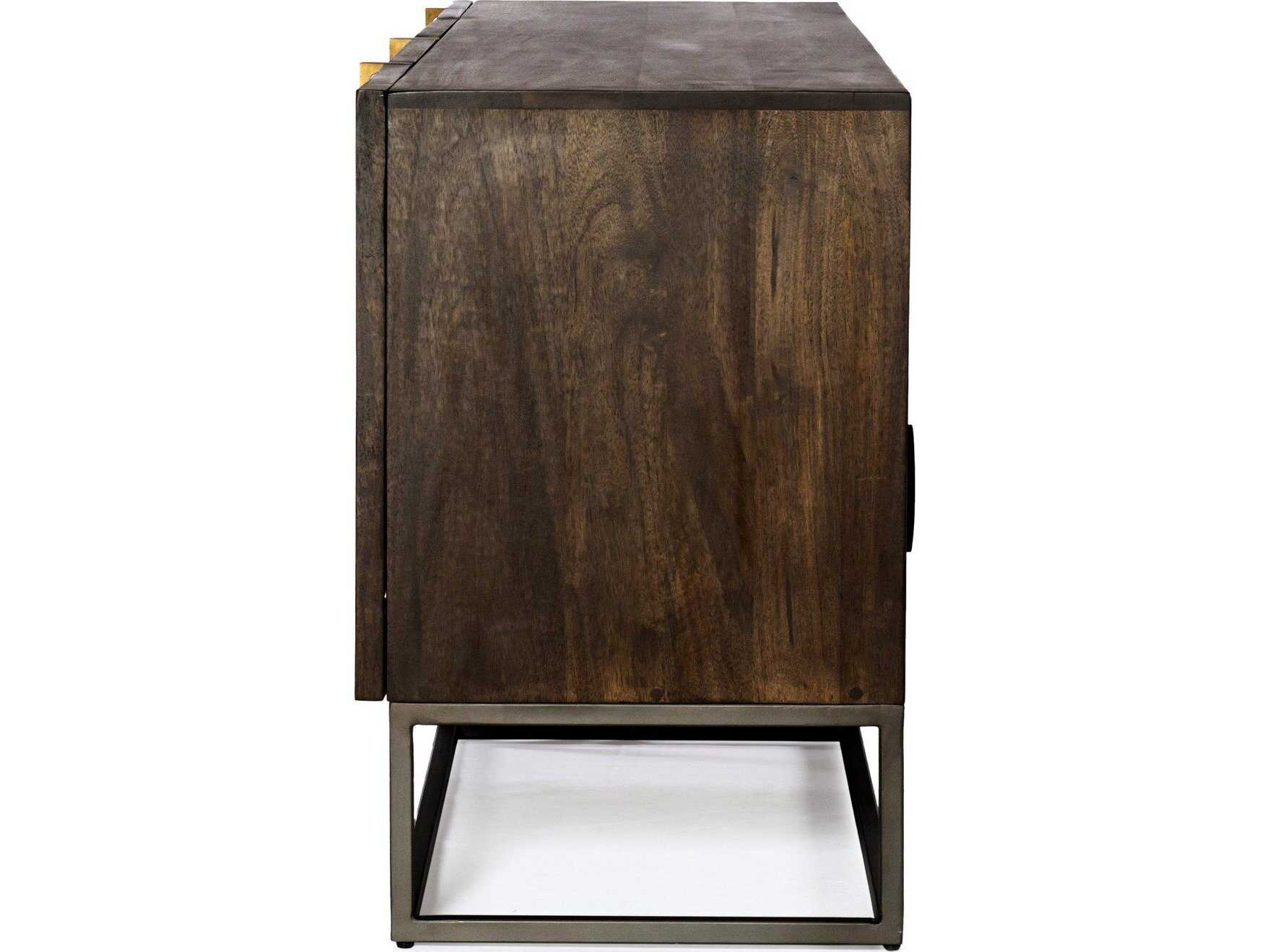 Four Hands Aiden Kelby 79" Mango Wood Gunmetal Aged Brass Carved Vintage Brown Media Console