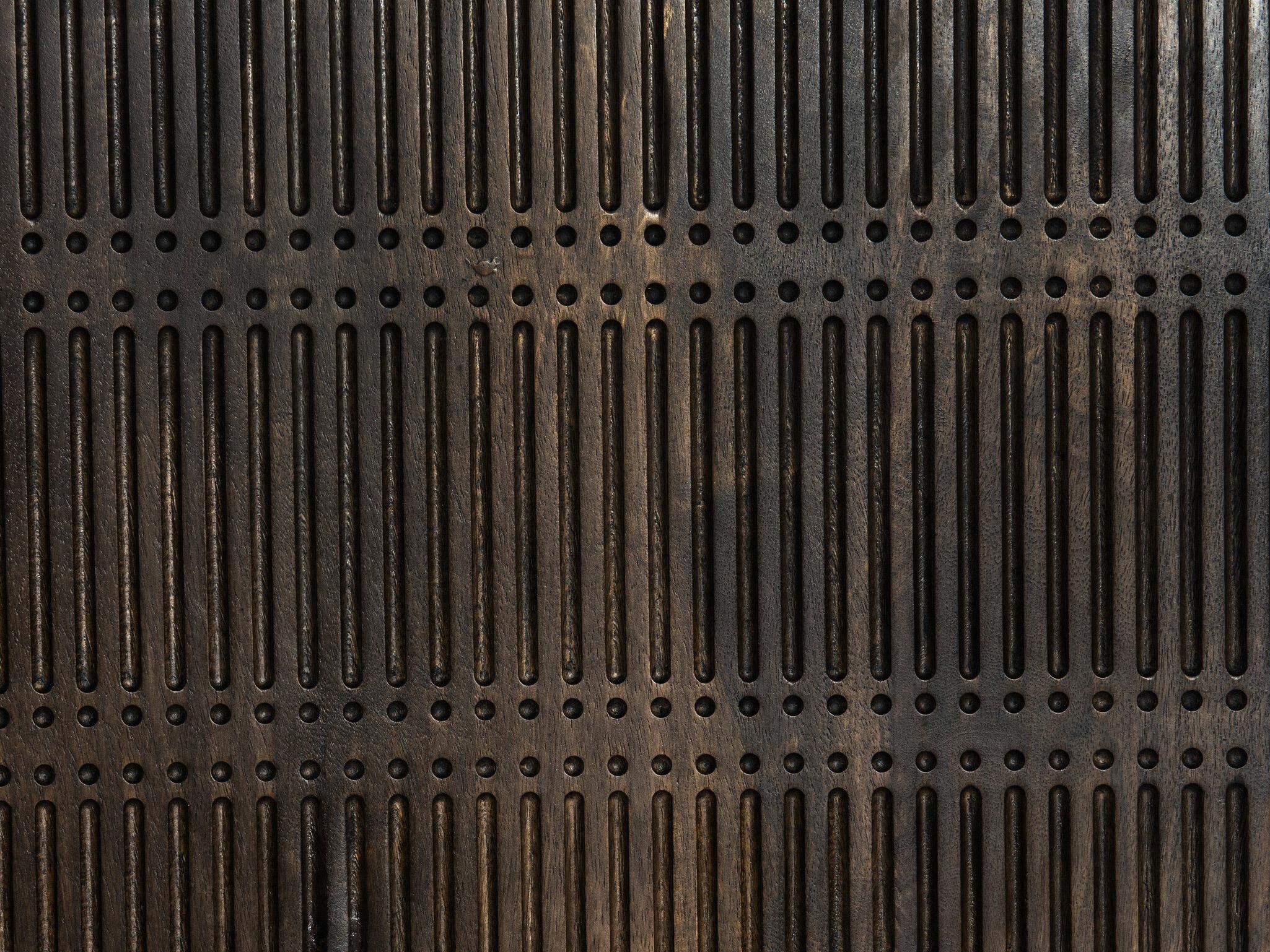 Four Hands Aiden Kelby 79" Mango Wood Gunmetal Aged Brass Carved Vintage Brown Media Console