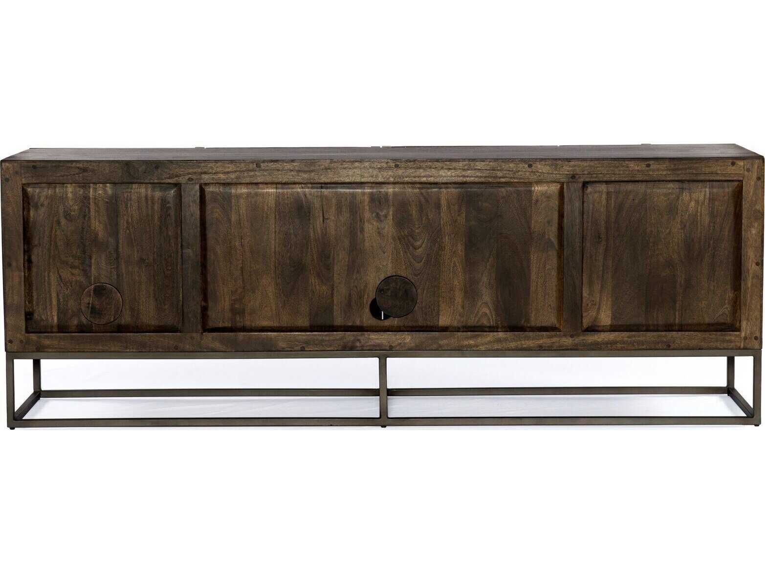 Four Hands Aiden Kelby 79" Mango Wood Gunmetal Aged Brass Carved Vintage Brown Media Console