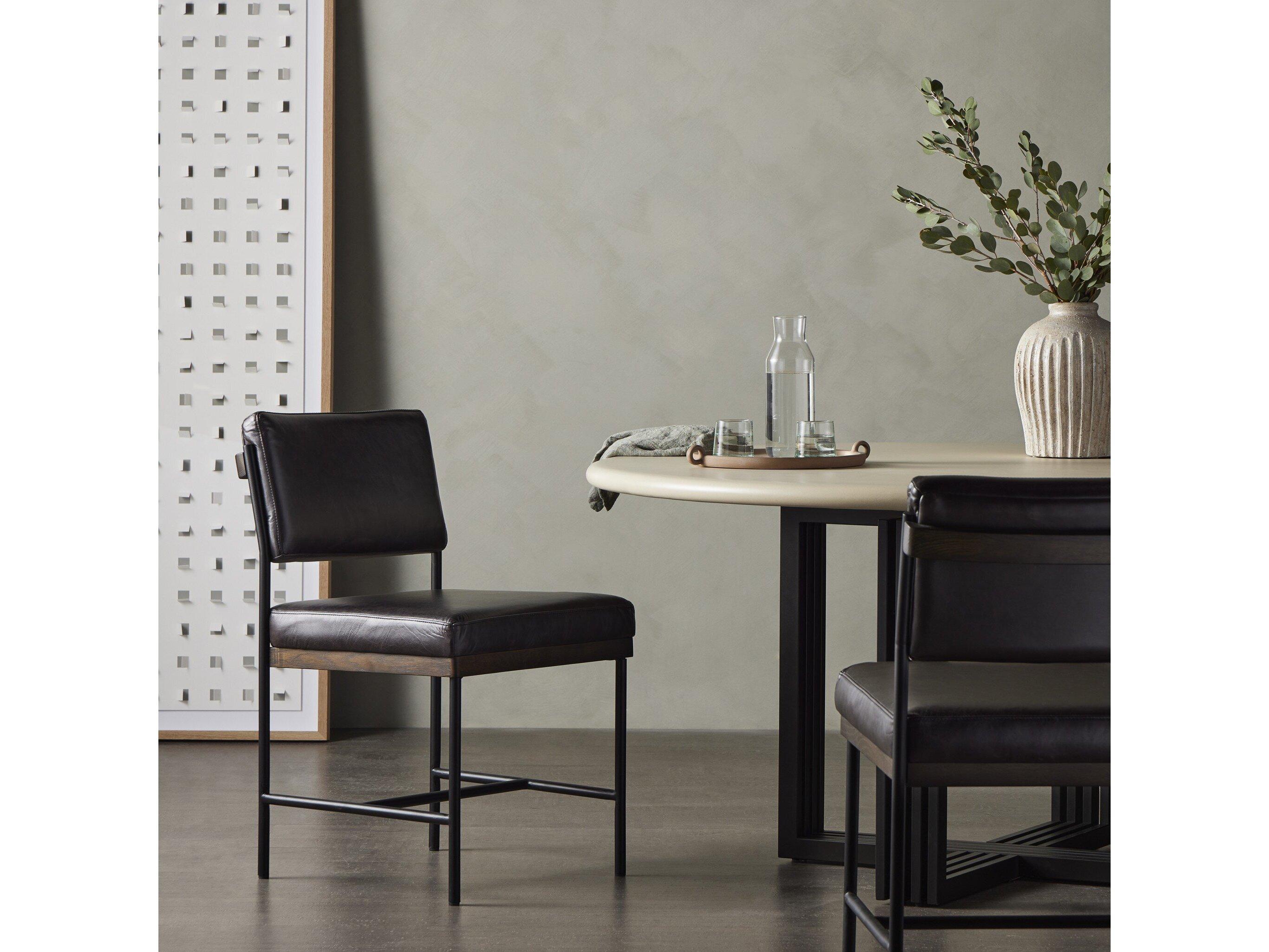 Four Hands Ashford Benton Sonoma Black Leather Oak Wood Dining Chair