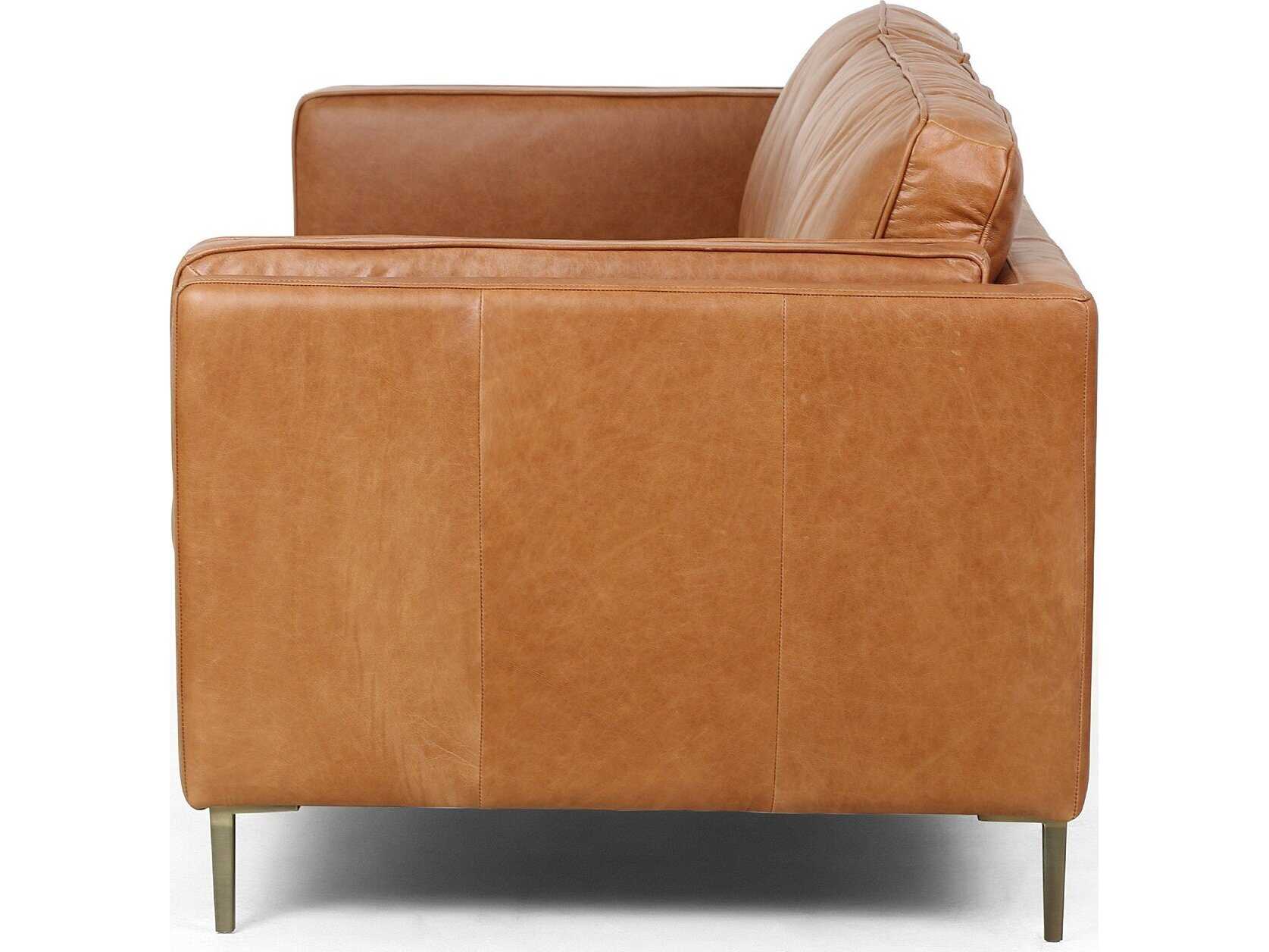 Four Hands Norwood Emery Sonoma Butterscotch Antique Brass Brown Leather Sofa