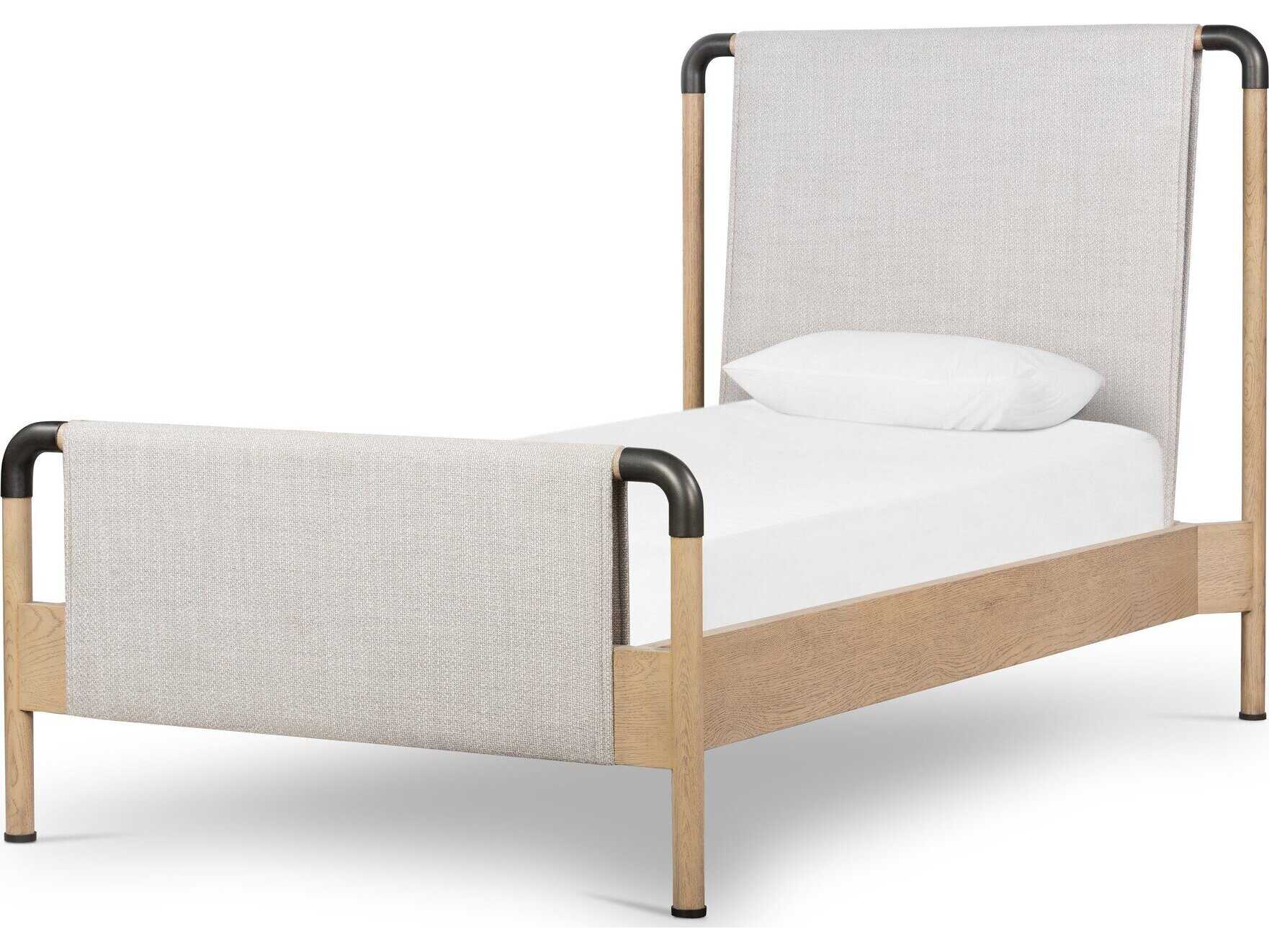 Four Hands Bolton Harriett Gibson Wheat Yucca Oak Aged Gunmetal Beige Wood Upholstered Twin Panel Bed