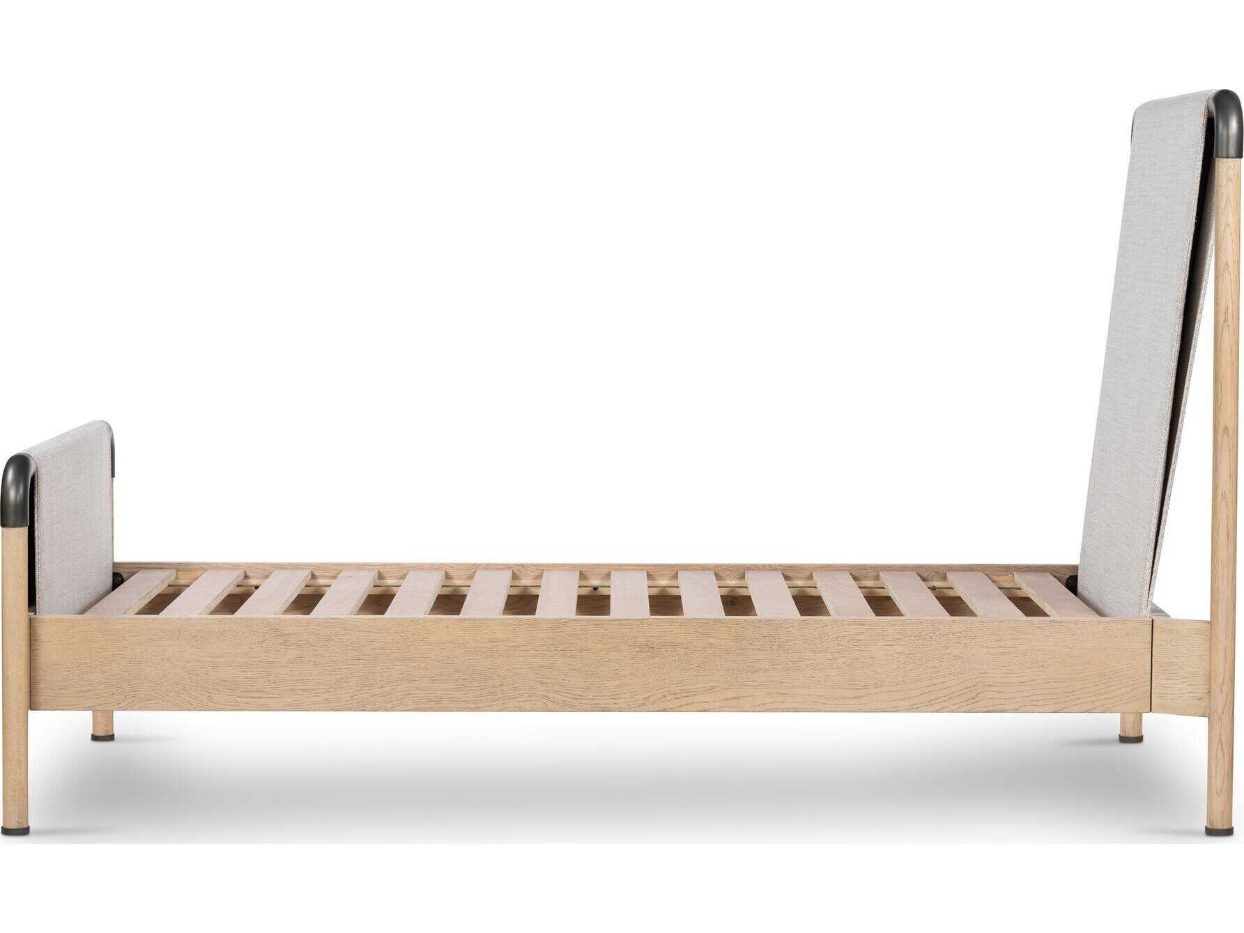 Four Hands Bolton Harriett Gibson Wheat Yucca Oak Aged Gunmetal Beige Wood Upholstered Twin Panel Bed