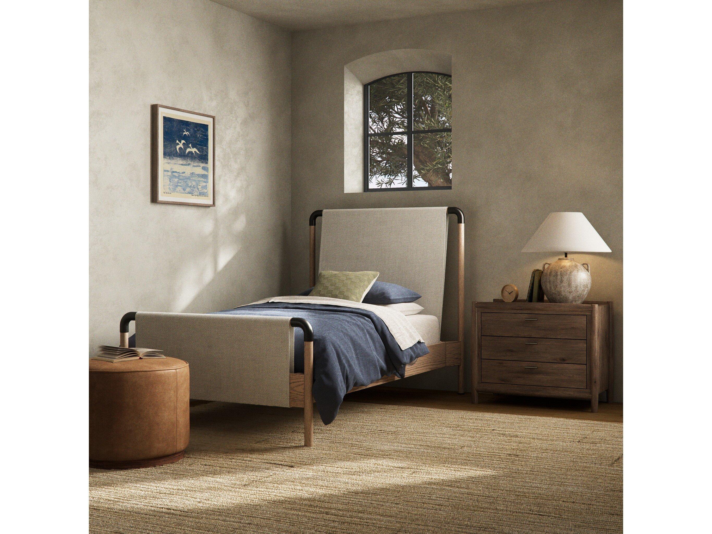 Four Hands Bolton Harriett Gibson Wheat Yucca Oak Aged Gunmetal Beige Wood Upholstered Twin Panel Bed