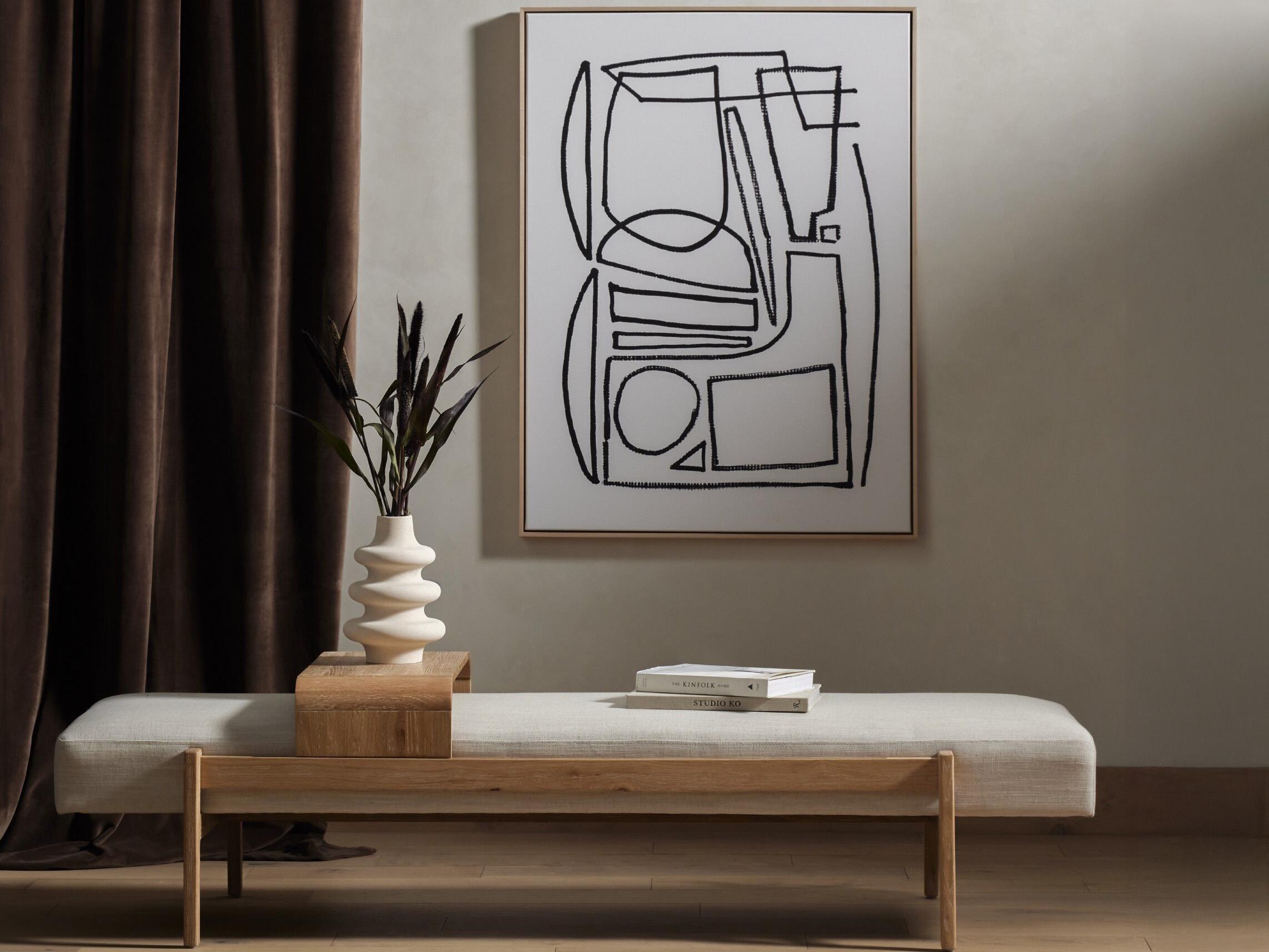 Four Hands Townsend Savoy Parchment Vintage White Wash Oak Beige Upholstered Accent Bench