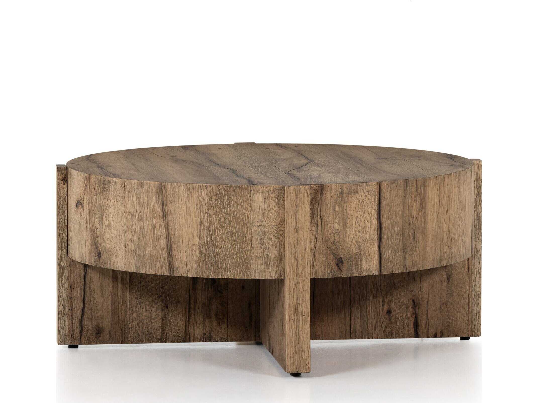 Four Hands Wesson Bingham Round Wood Rustic Oak Veneer Coffee Table
