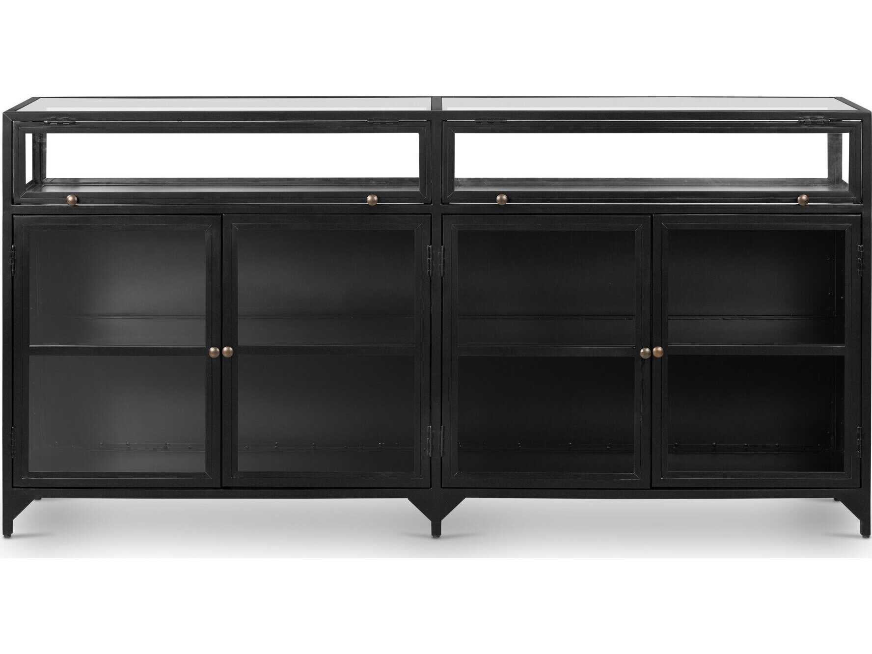 Four Hands Belmont Shadow Box 70" Black Weathered Bronze Clear Glass Tempered Sideboard