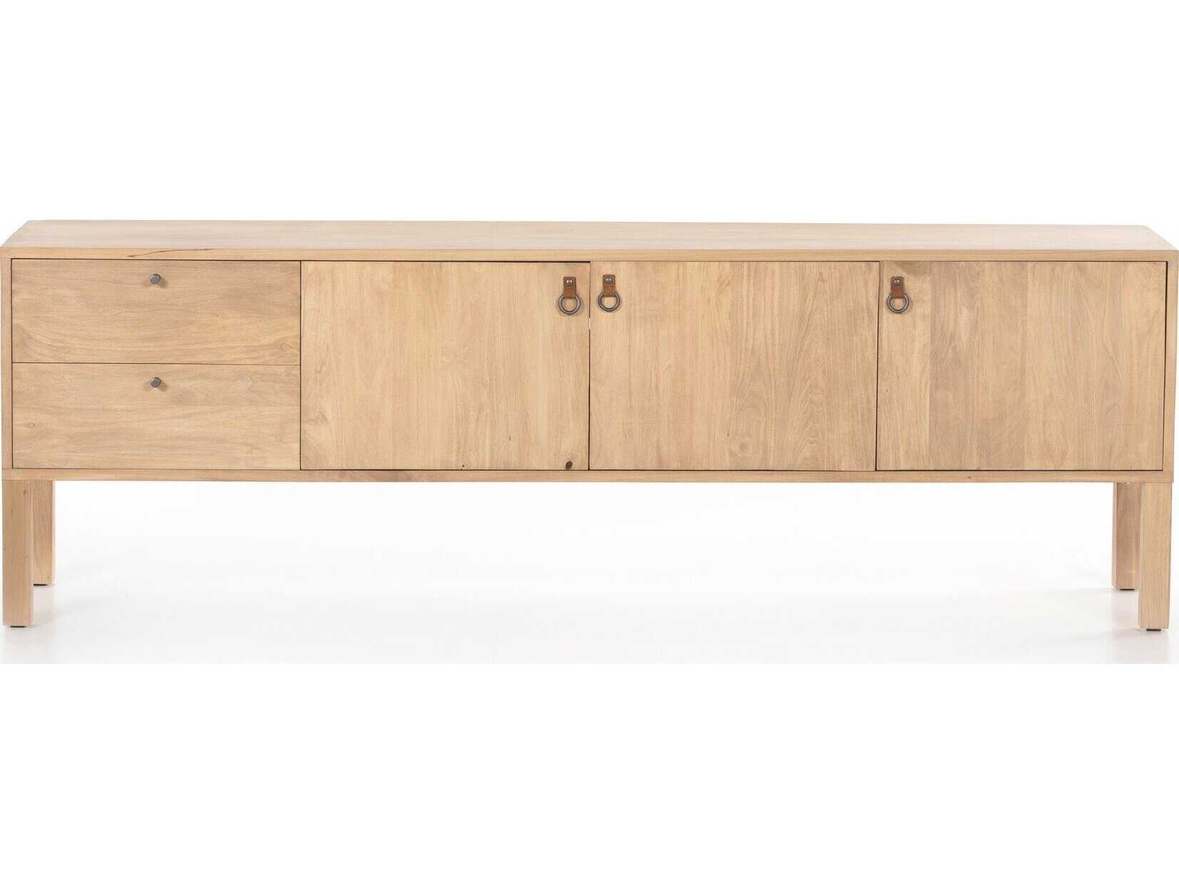 Four Hands Fulton Isador 80" Poplar Wood Dry Wash Natural Iron Toffee Leather Media Console