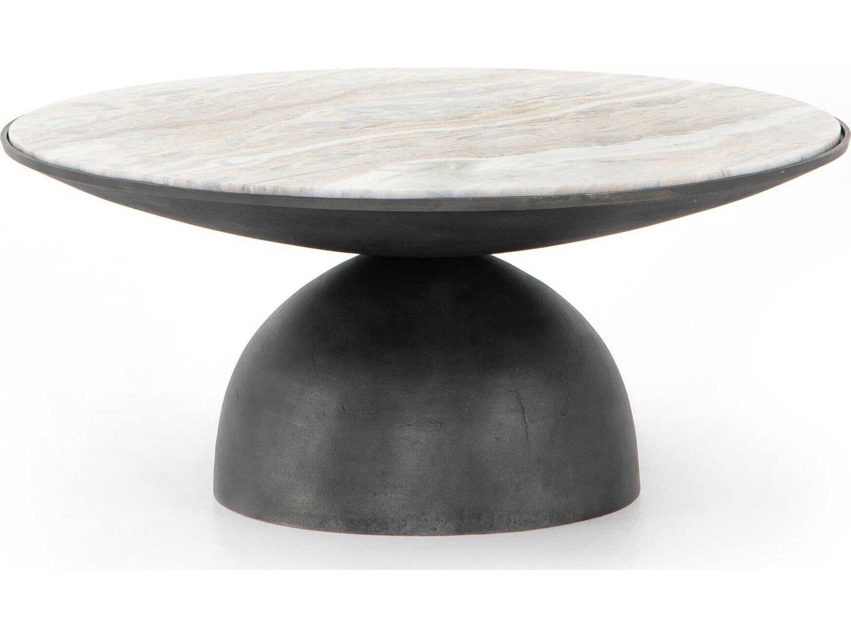 Four Hands Marlow Corbett Round Creamy Taupe Marble Hammered Grey Coffee Table