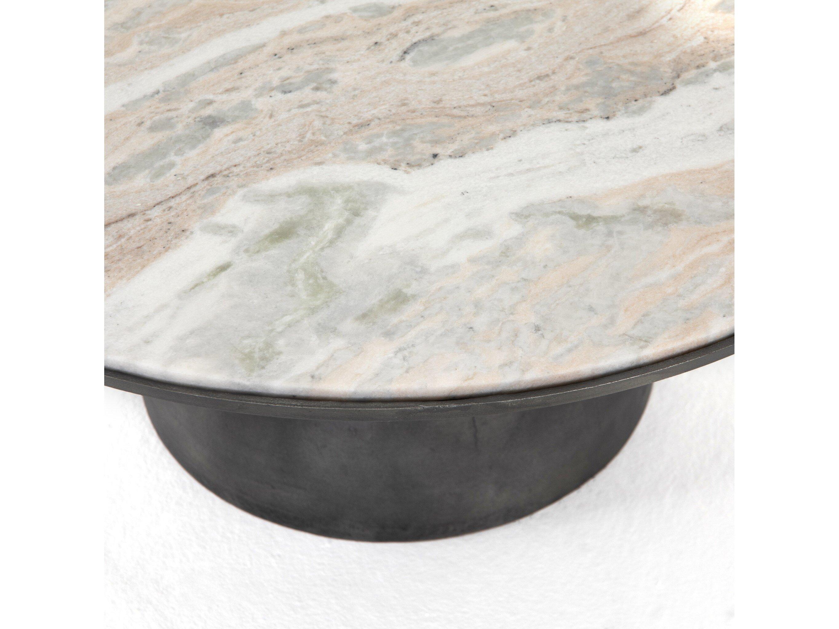 Four Hands Marlow Corbett Round Creamy Taupe Marble Hammered Grey Coffee Table
