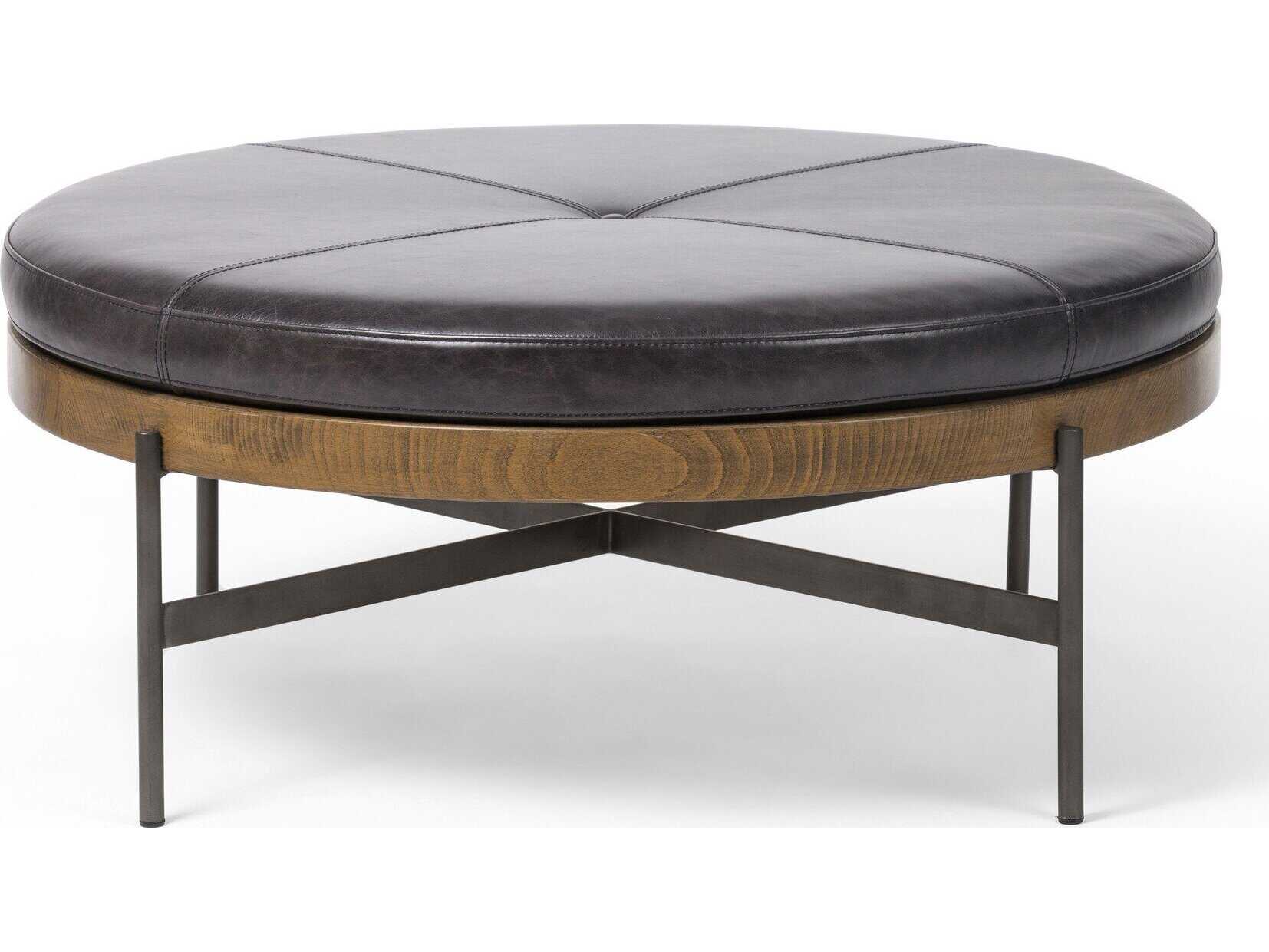 Four Hands Townsend Edwyn Large Sable Beech Sonoma Black Gunmetal Leather Ottoman