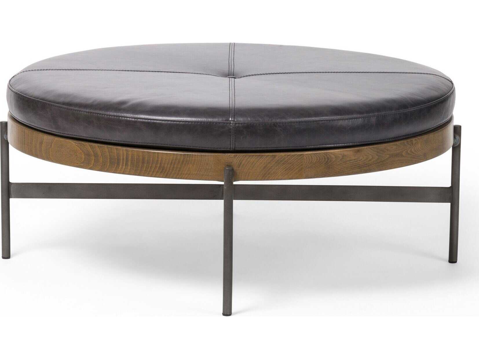 Four Hands Townsend Edwyn Large Sable Beech Sonoma Black Gunmetal Leather Ottoman