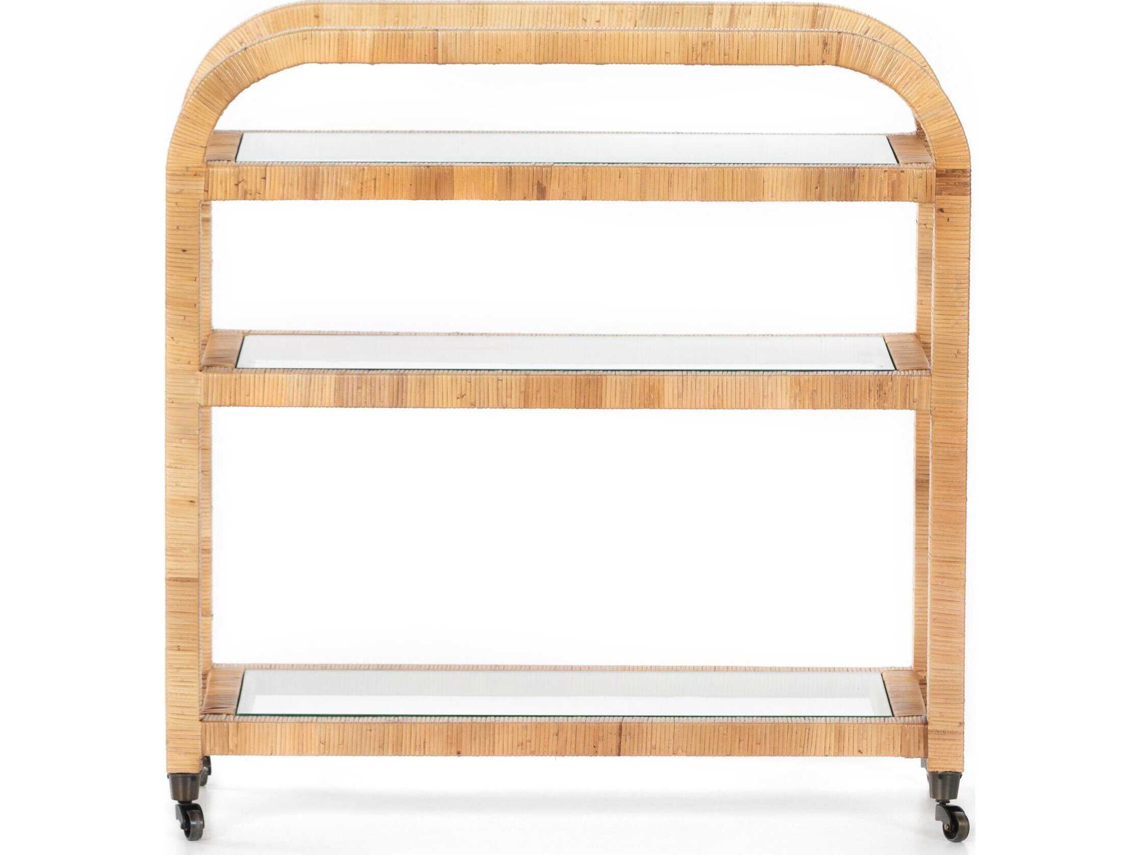 Four Hands Grass Roots Wood Brown Wrapped Honey Rattan Tempered Glass Bar Cart