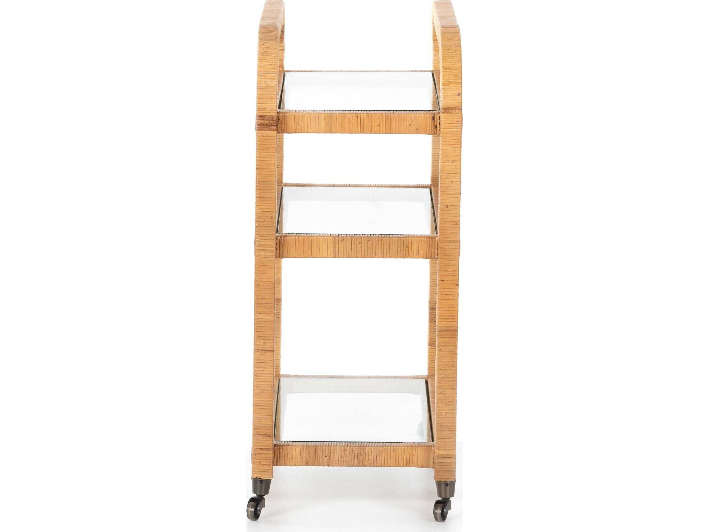 Four Hands Grass Roots Wood Brown Wrapped Honey Rattan Tempered Glass Bar Cart