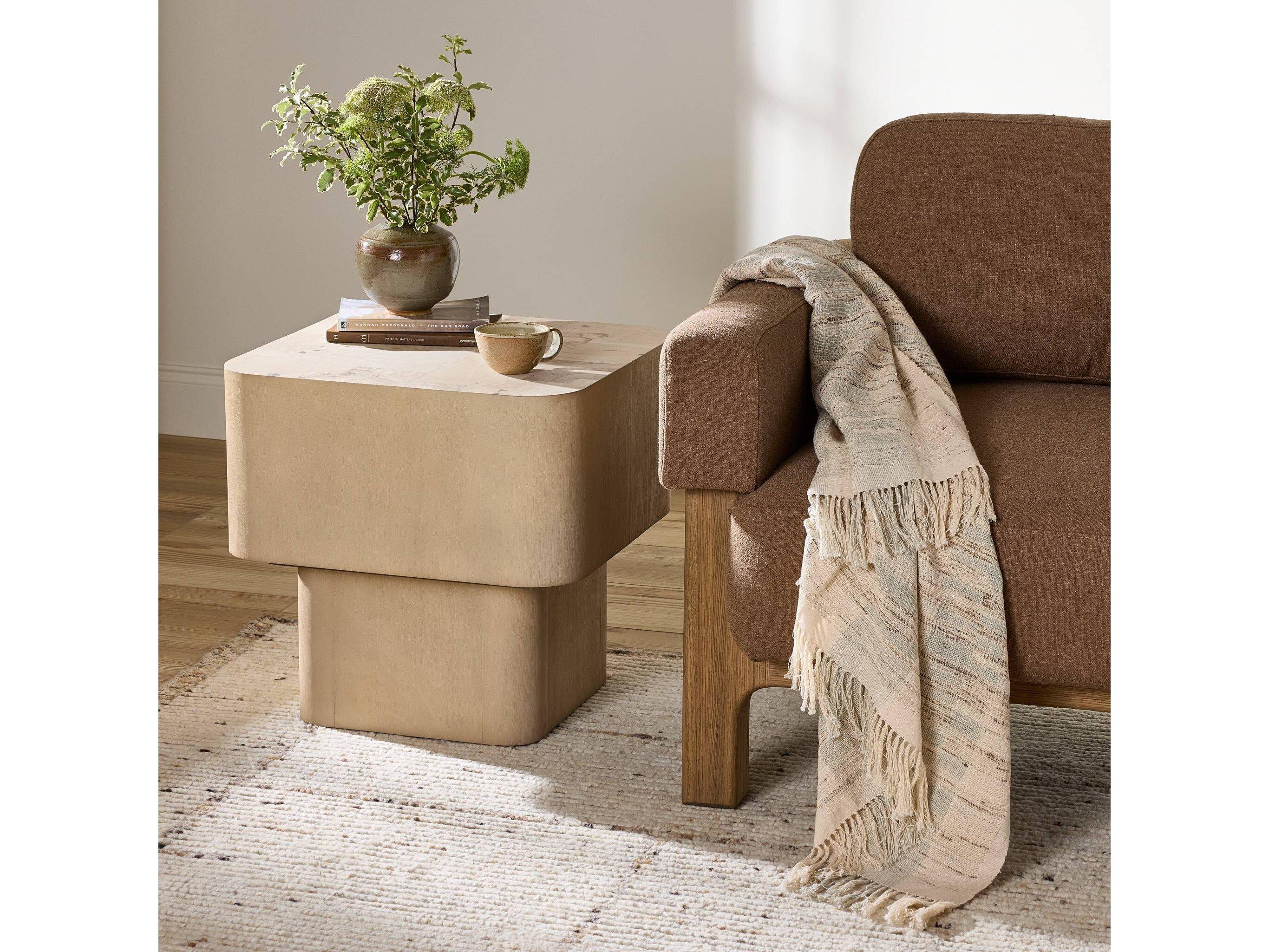 Four Hands Wesson Blanco Square Wood White Mahogany Bleached Burl End Table