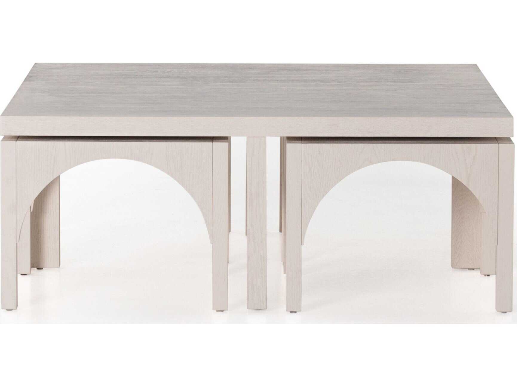 Four Hands Belfast Amara Square Wood Off White Oak Solid Coffee Table with Nesting Stools