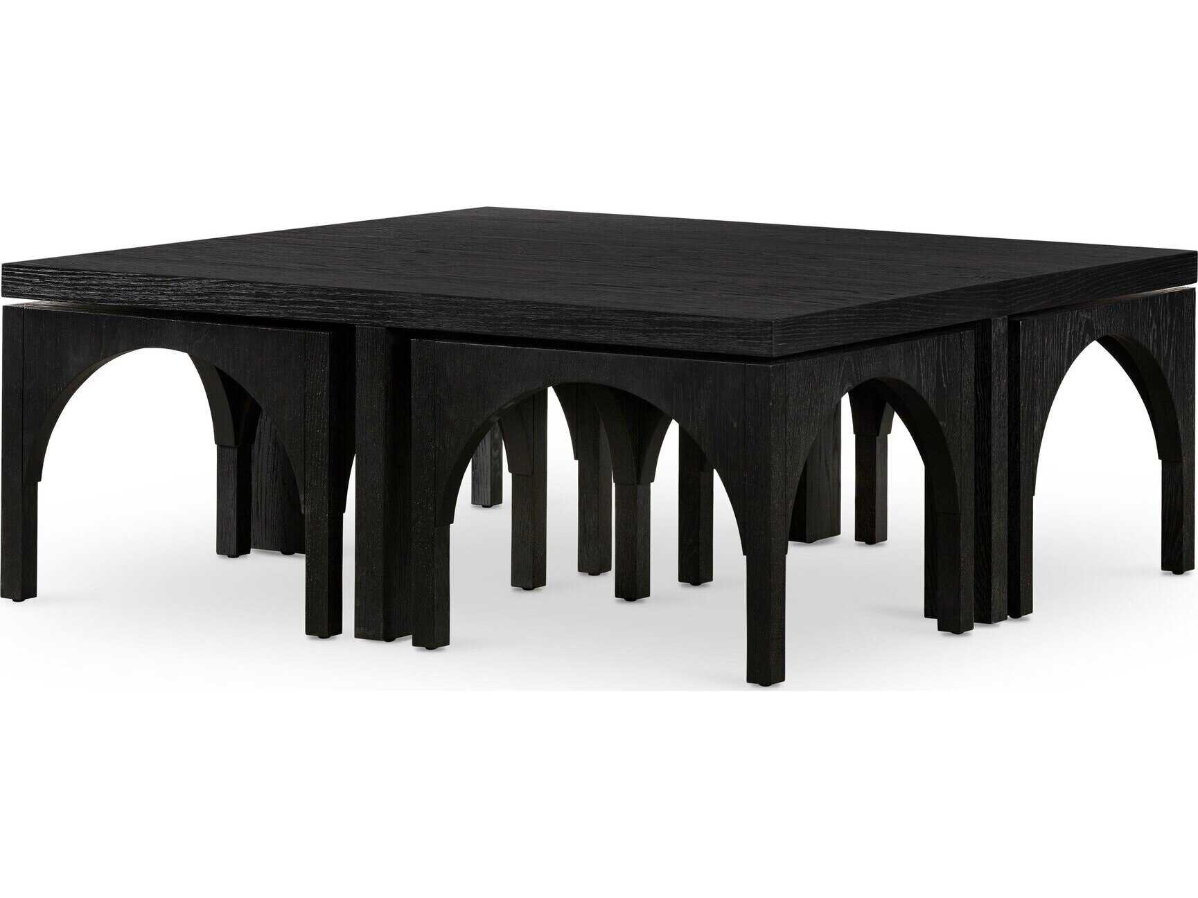 Four Hands Clara Amara Square Wood Black Oak Coffee Table with Nesting Stools