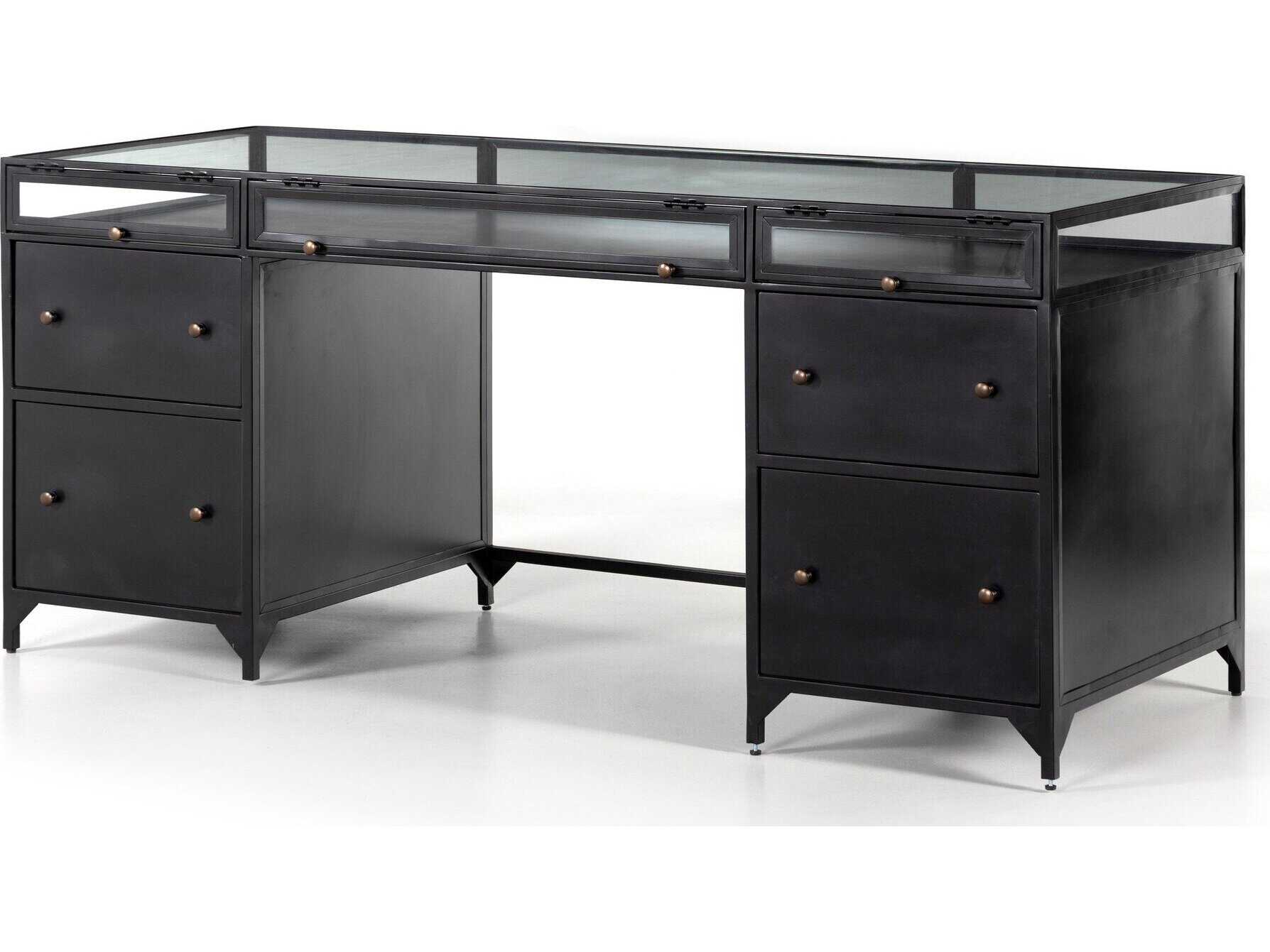 Four Hands Belmont Shadow Box Black Clear Glass Tempered Executive Desk