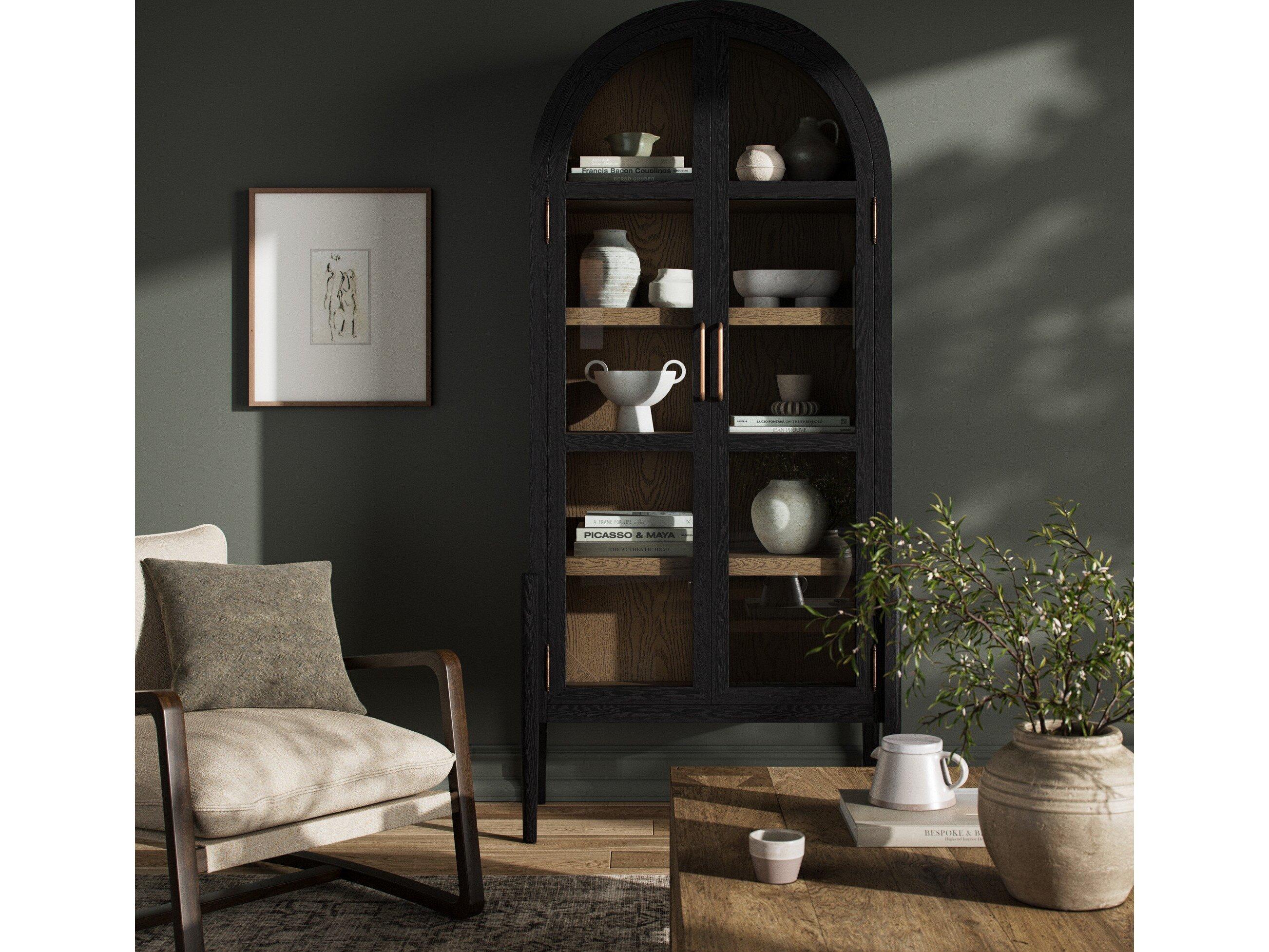 Four Hands Irondale Tolle Oak Wood Antique Brass Drifted Black Display Cabinet