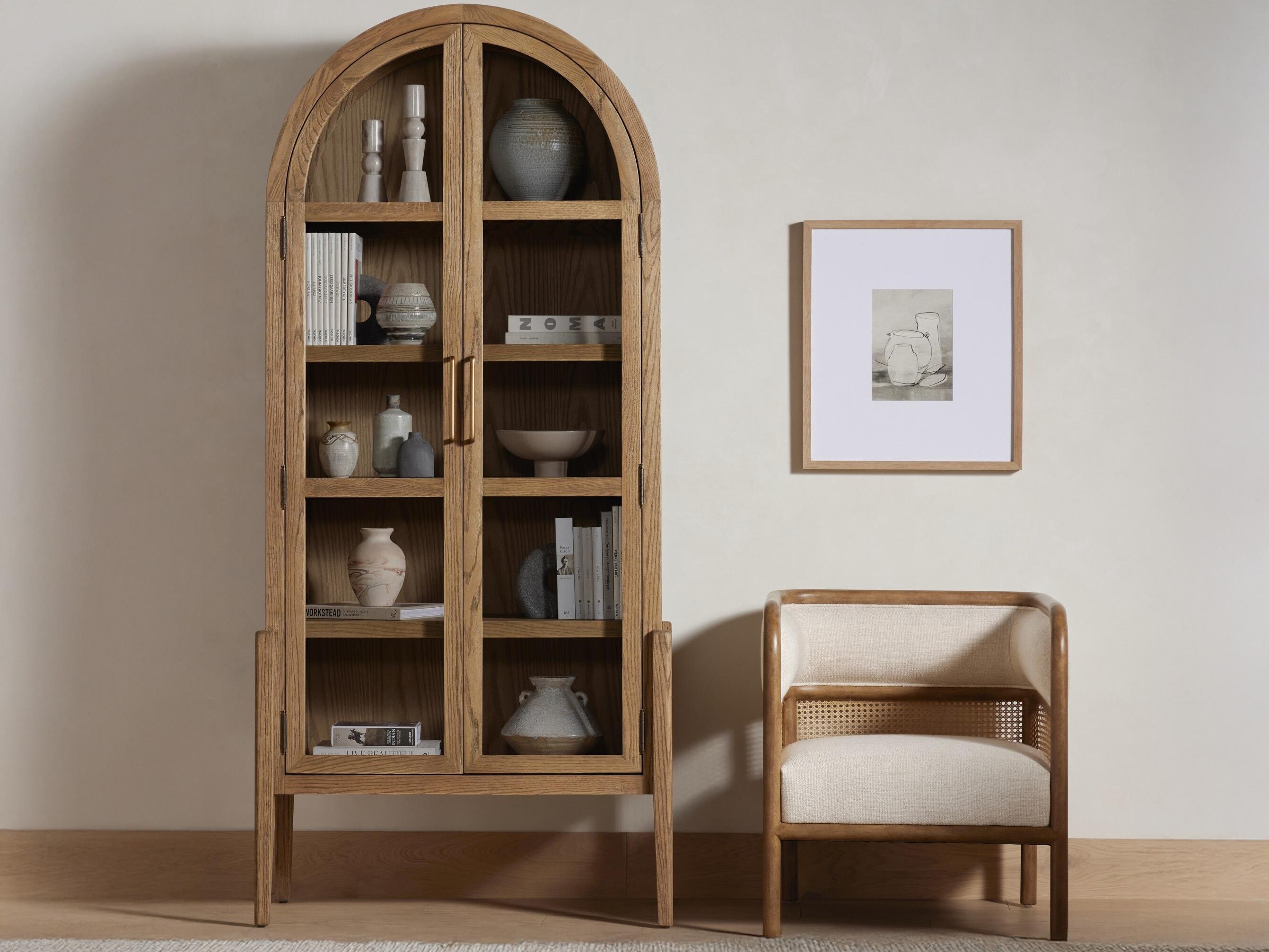 Four Hands Irondale Tolle Oak Wood Antique Brass Tempered Glass Drifted Display Cabinet