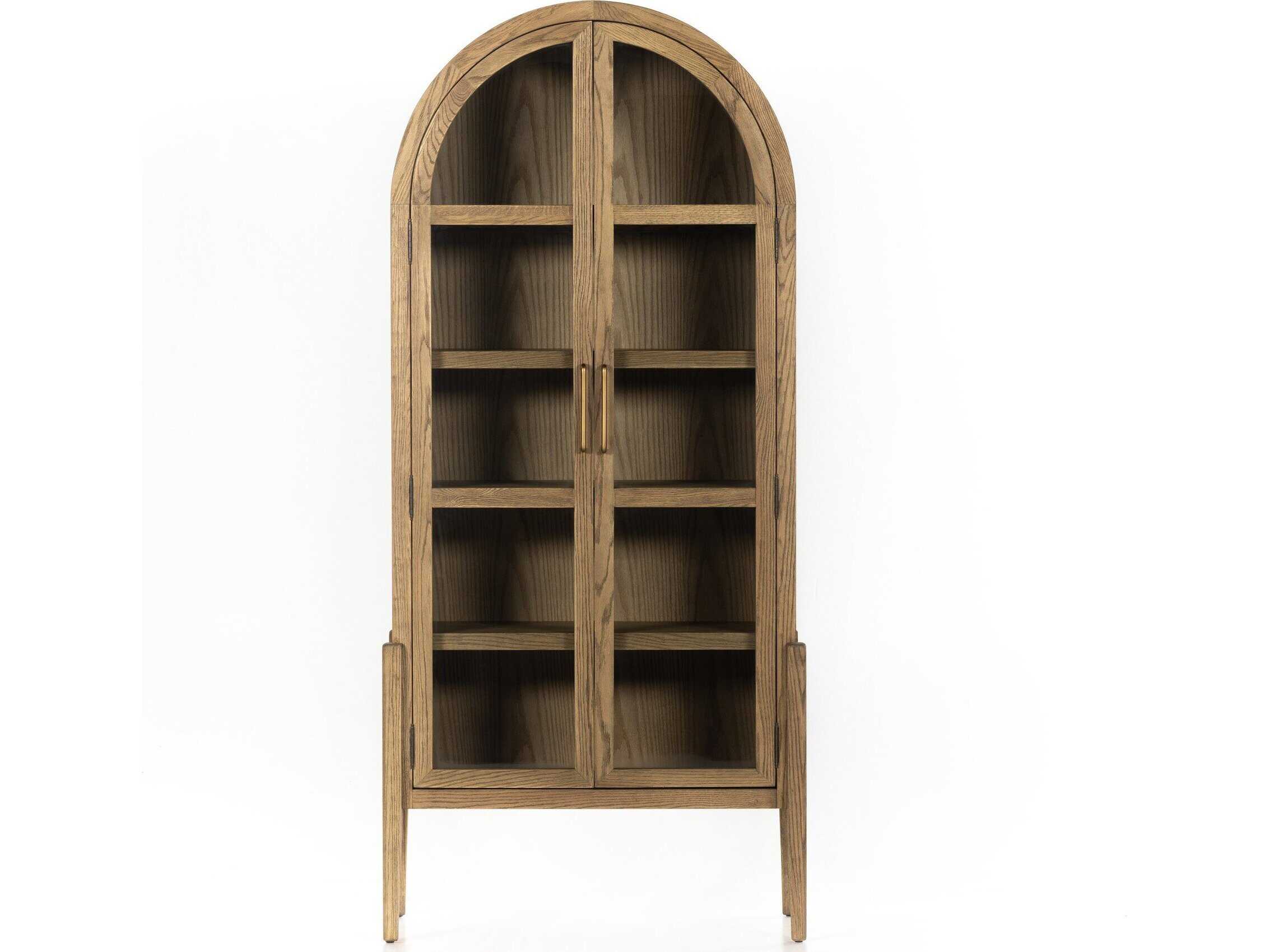 Four Hands Irondale Tolle Oak Wood Antique Brass Tempered Glass Drifted Display Cabinet