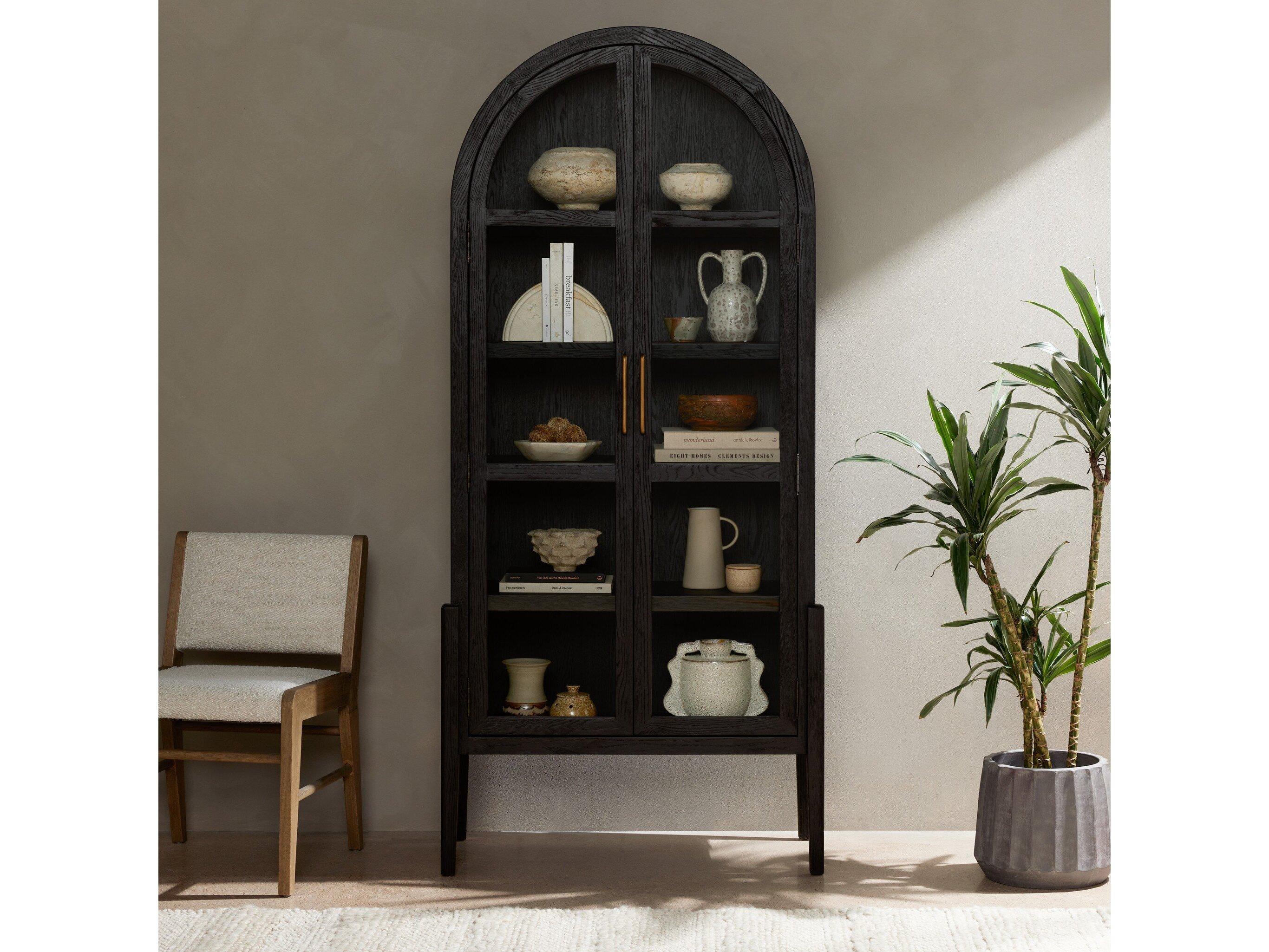 Four Hands Irondale Tolle Oak Wood Antique Brass Drifted Black Display Cabinet