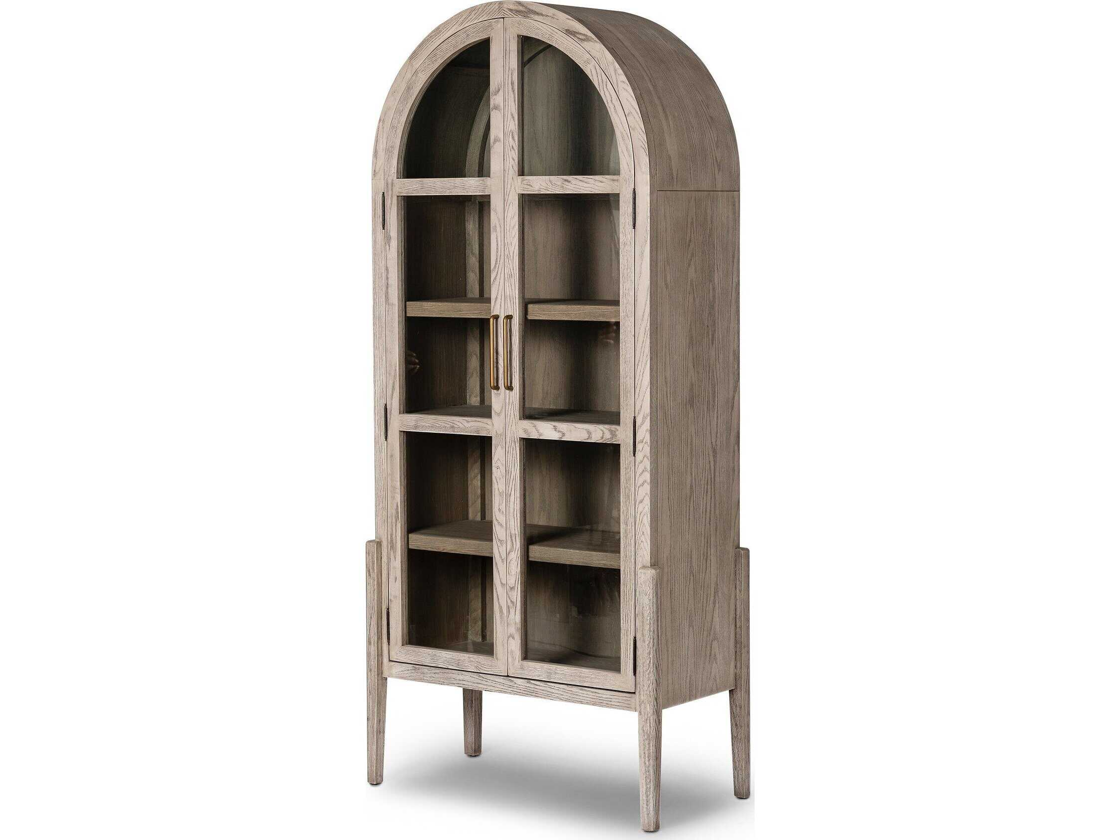 Four Hands Irondale Tolle Oak Wood Warm Natural Rustic White Tempered Glass Antique Brass Display Cabinet