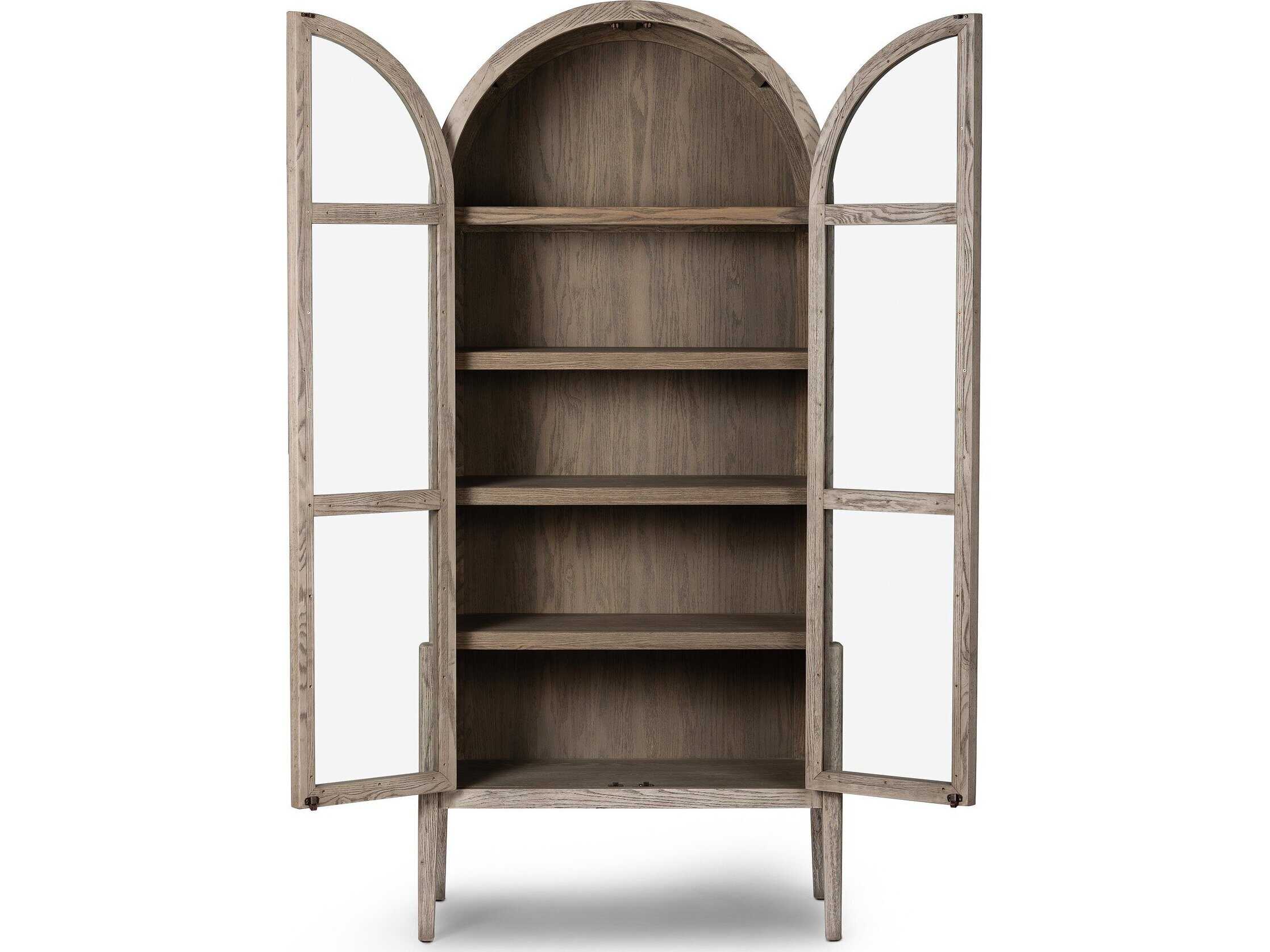 Four Hands Irondale Tolle Oak Wood Warm Natural Rustic White Tempered Glass Antique Brass Display Cabinet