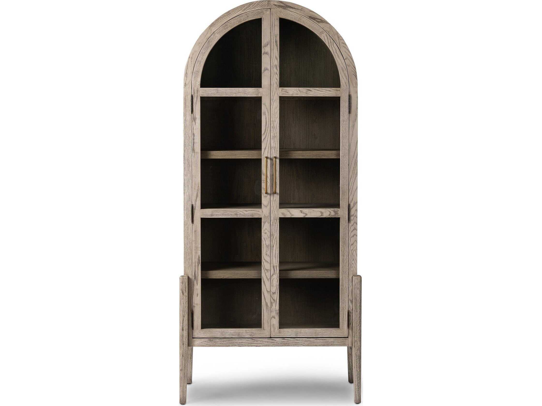Four Hands Irondale Tolle Oak Wood Warm Natural Rustic White Tempered Glass Antique Brass Display Cabinet