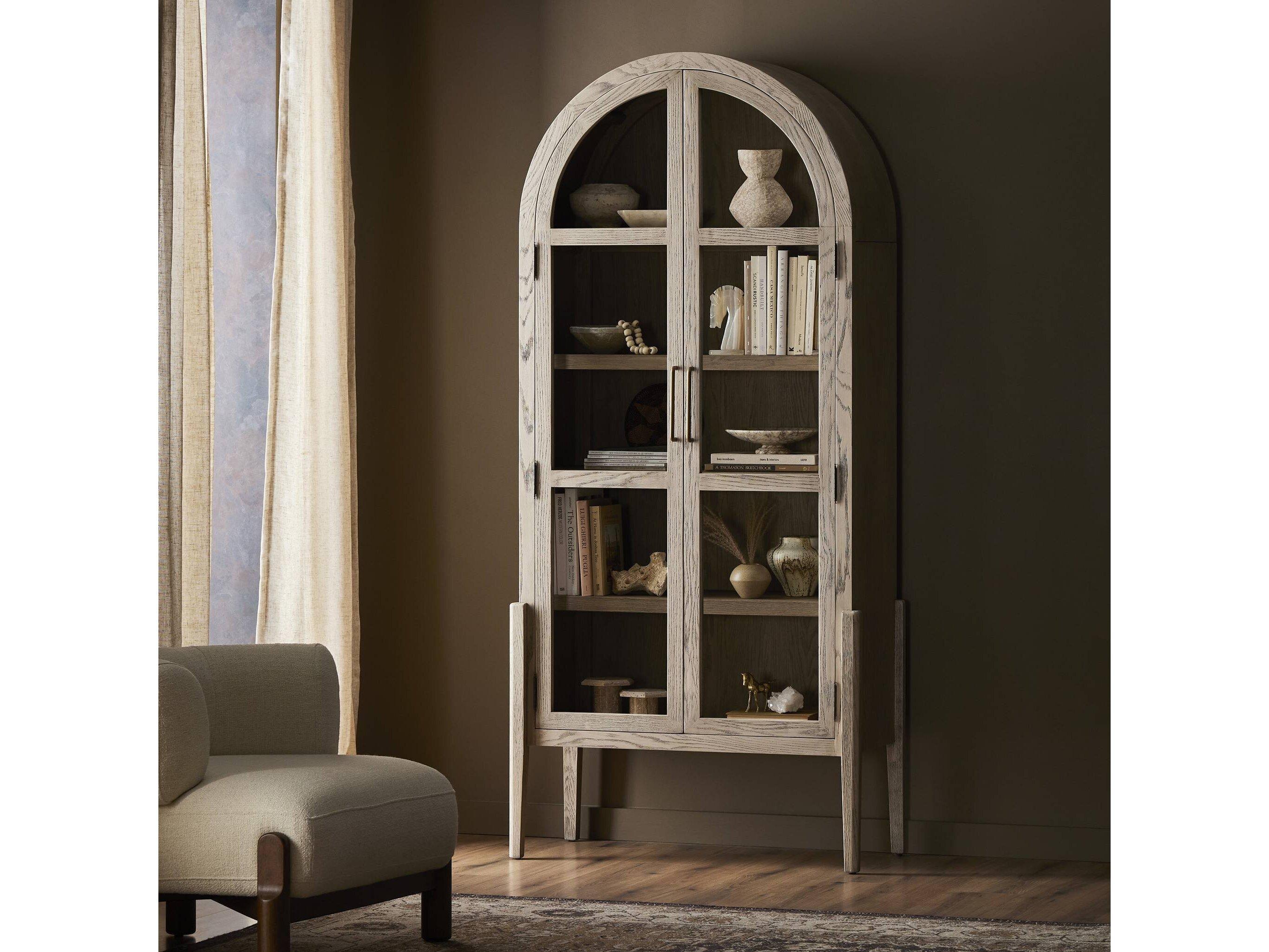 Four Hands Irondale Tolle Oak Wood Warm Natural Rustic White Tempered Glass Antique Brass Display Cabinet