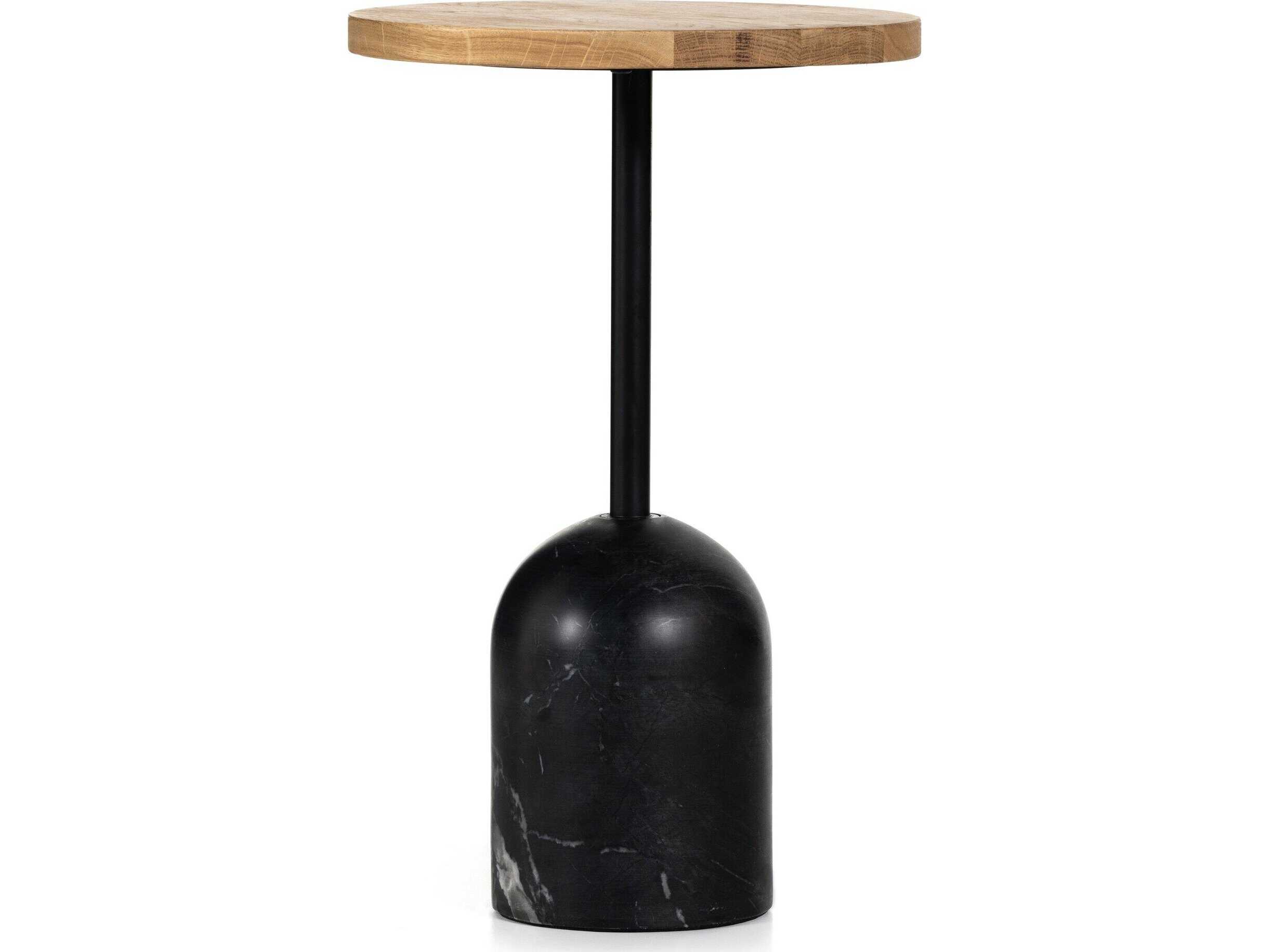 Four Hands Rockwell Fay Round Wood Black Marble Dark Kettle Natural Oak End Table