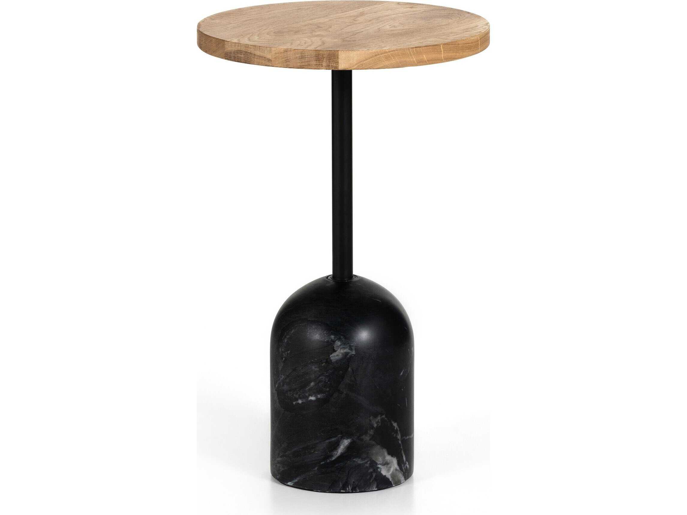 Four Hands Rockwell Fay Round Wood Black Marble Dark Kettle Natural Oak End Table