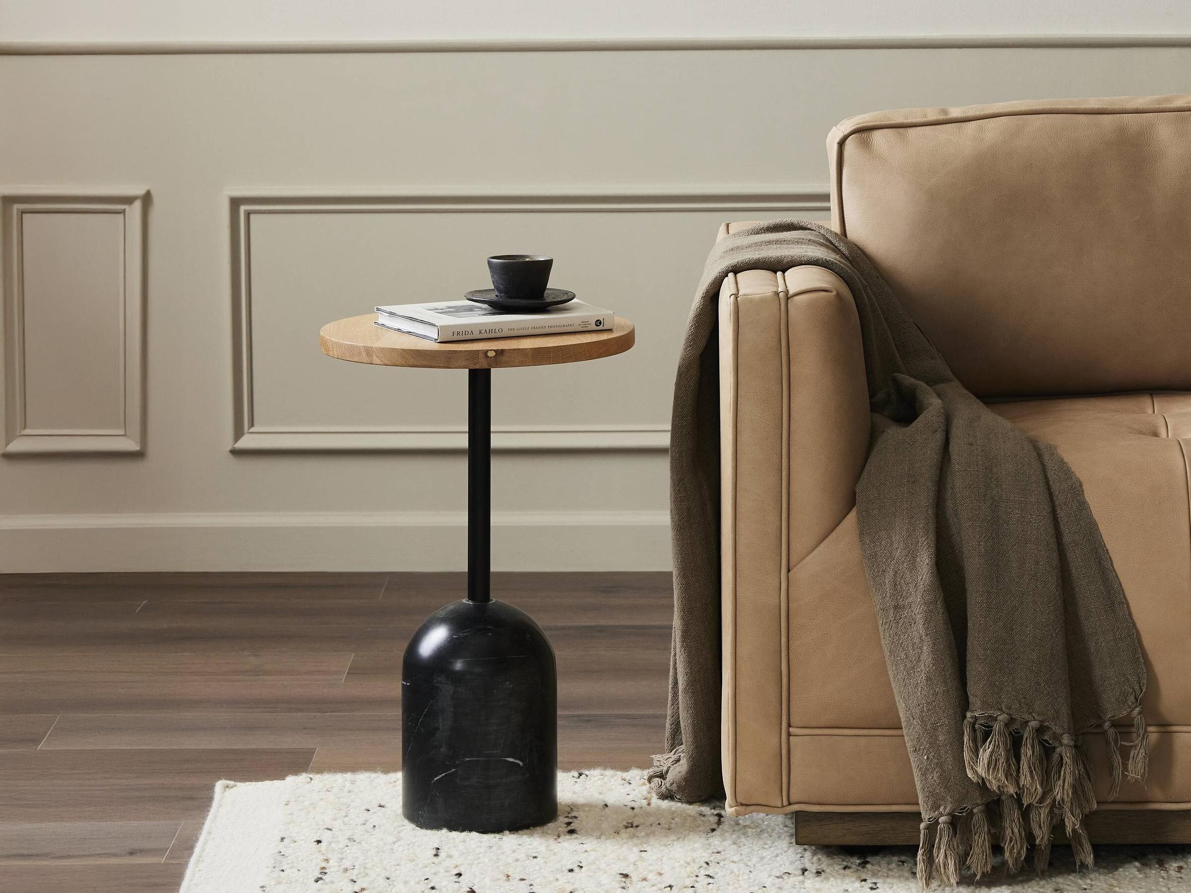 Four Hands Rockwell Fay Round Wood Black Marble Dark Kettle Natural Oak End Table