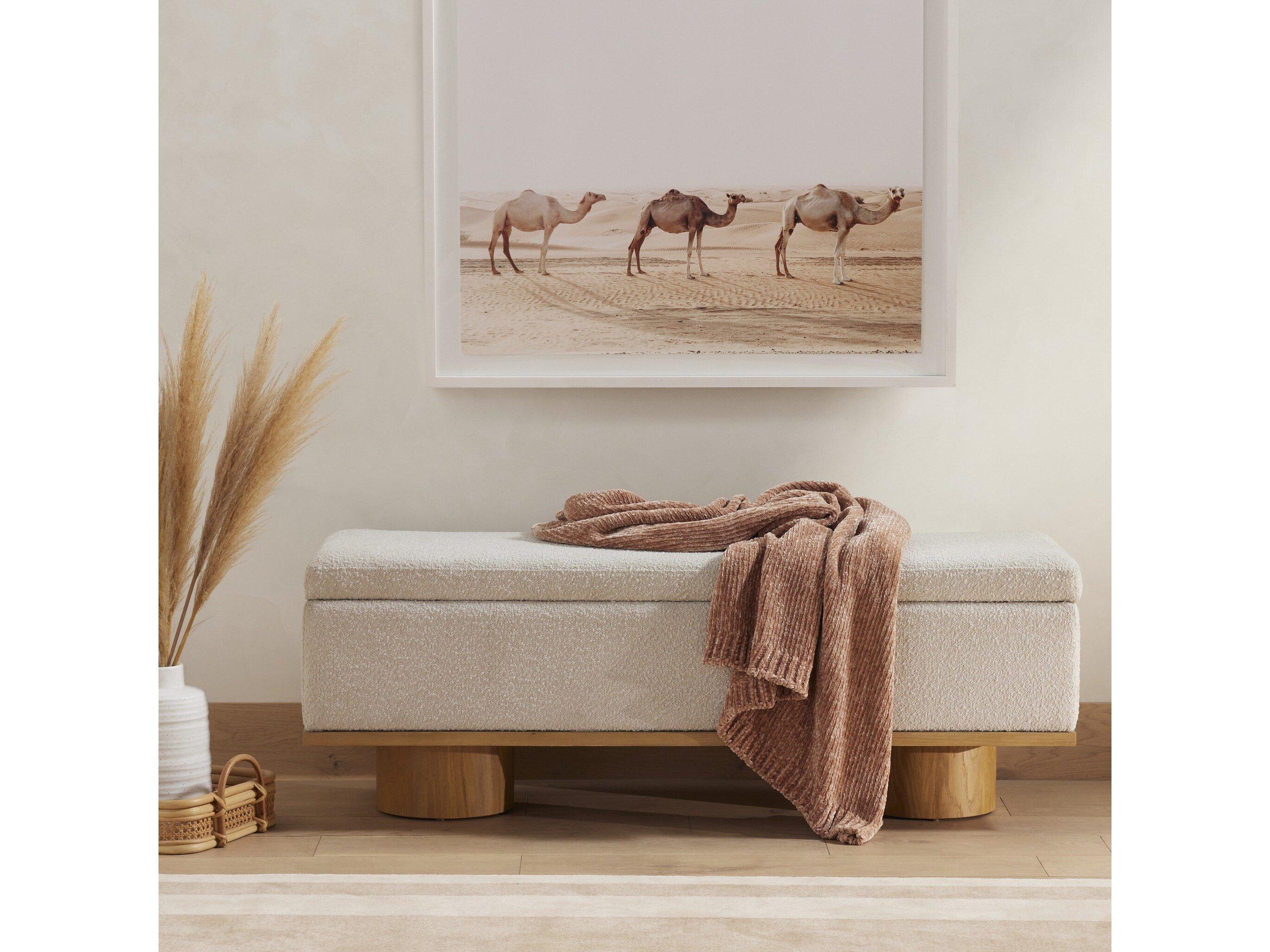 Four Hands Belfast Knoll Natural Buff Oak White Upholstered Accent Bench