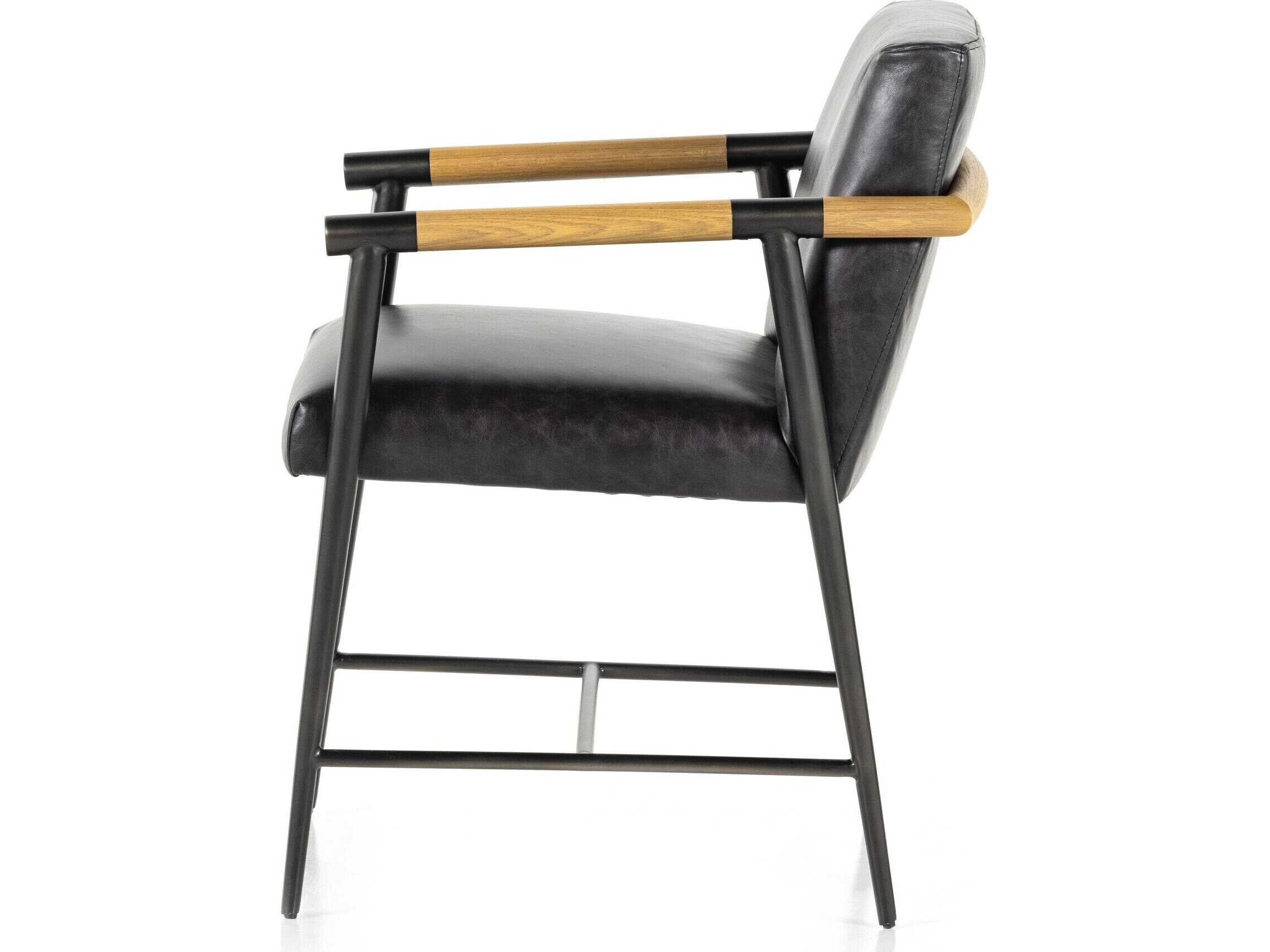 Four Hands Grayson Rowen Leather Oak Wood Black Upholstered Arm Dining Chair