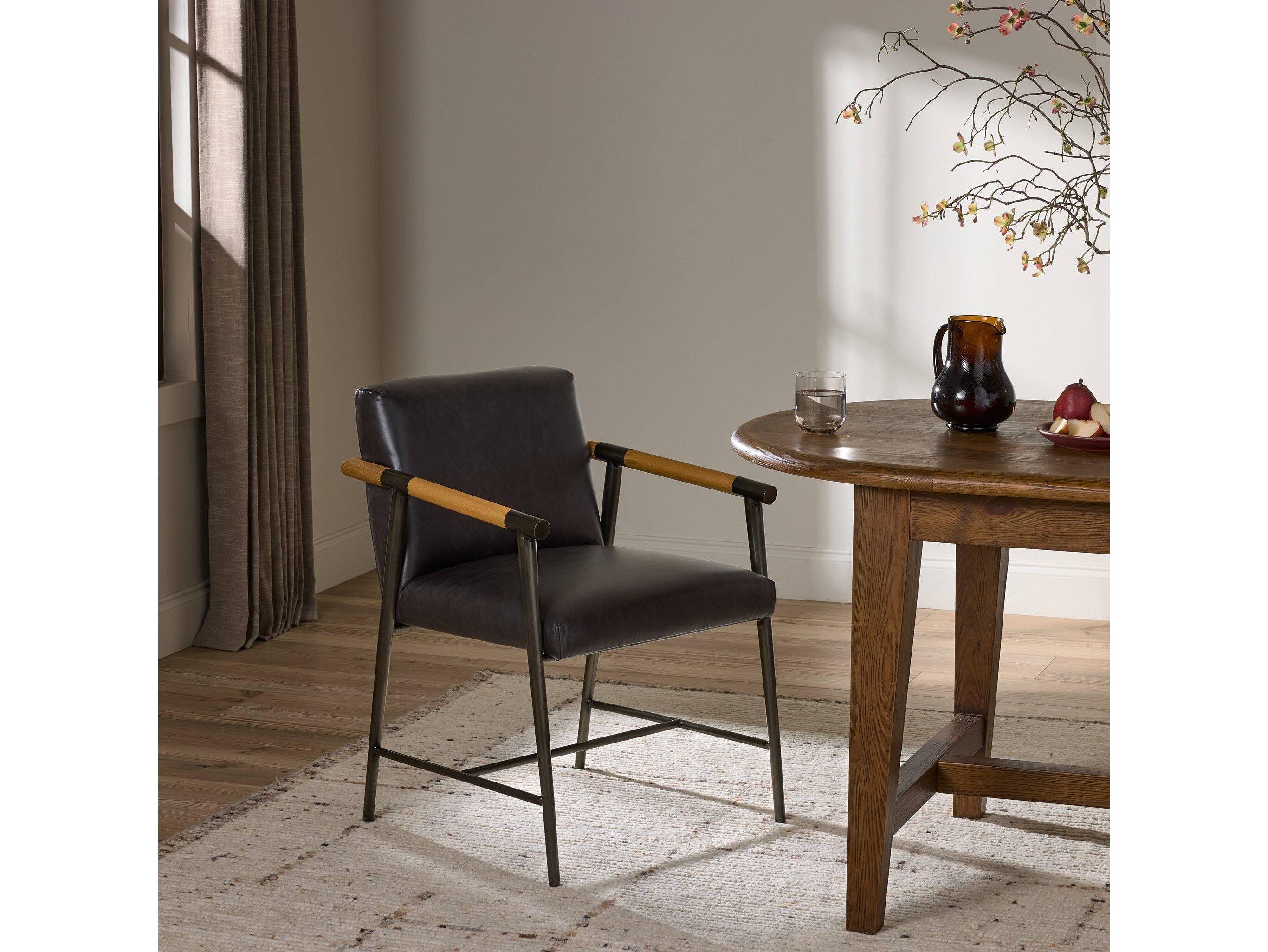Four Hands Grayson Rowen Leather Oak Wood Black Upholstered Arm Dining Chair
