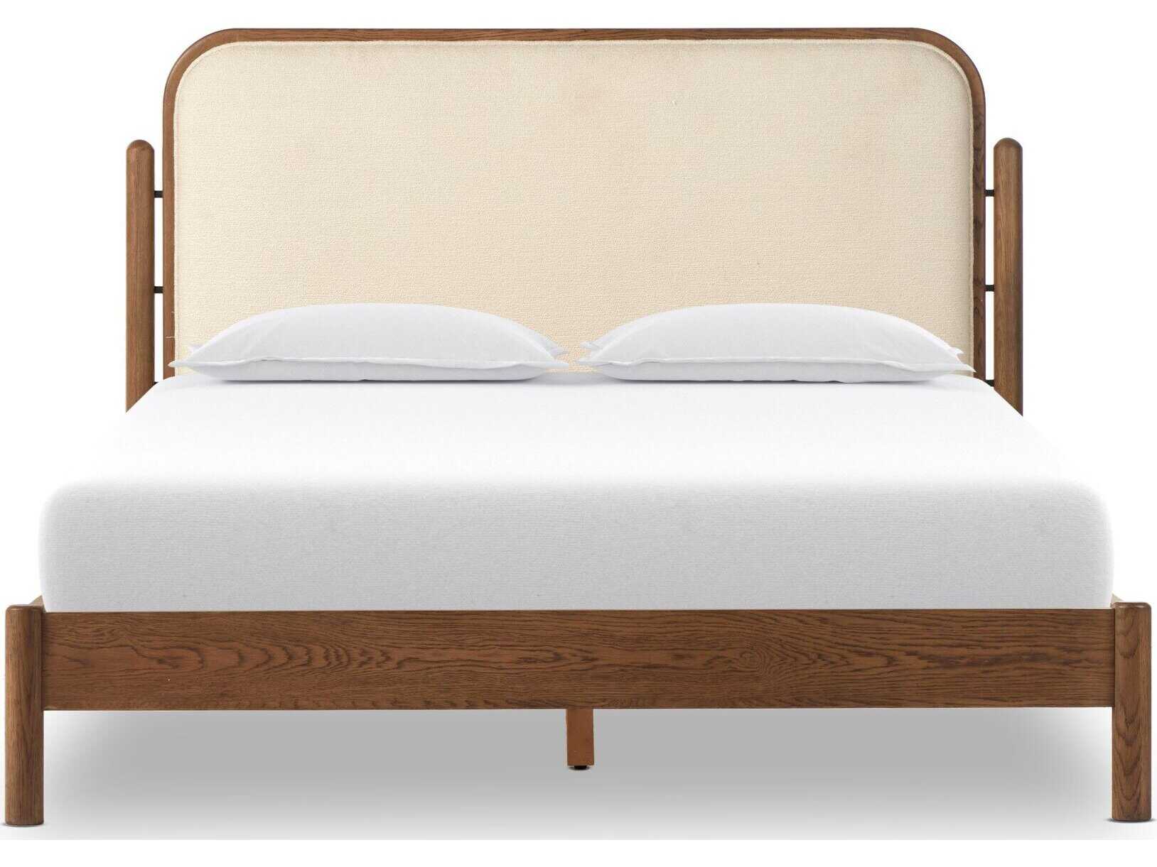 Four Hands Bolton Caroline Smoked Oak Kerbey Ivory Brown Wood Upholstered King Panel Bed