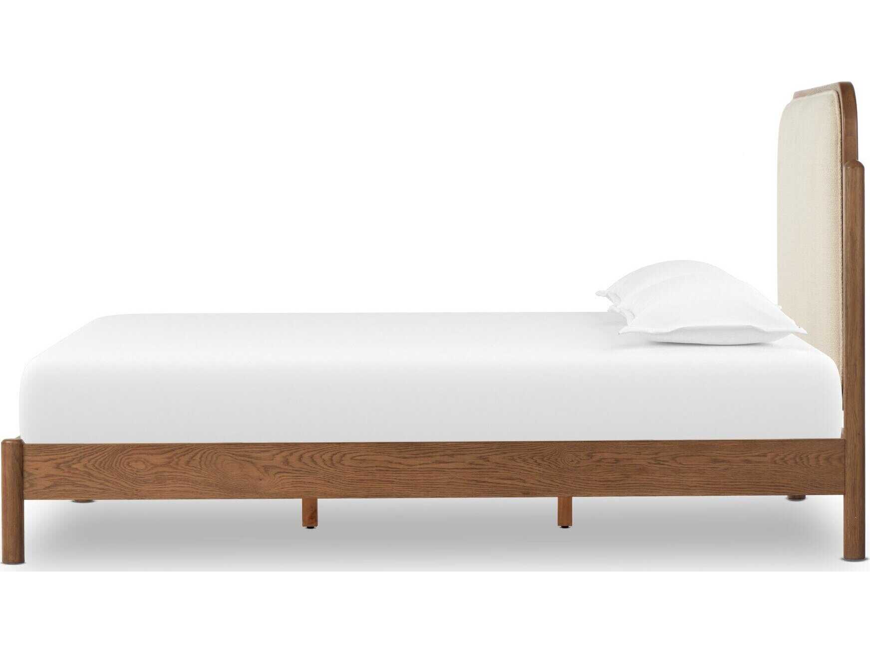 Four Hands Bolton Caroline Smoked Oak Kerbey Ivory Brown Wood Upholstered King Panel Bed