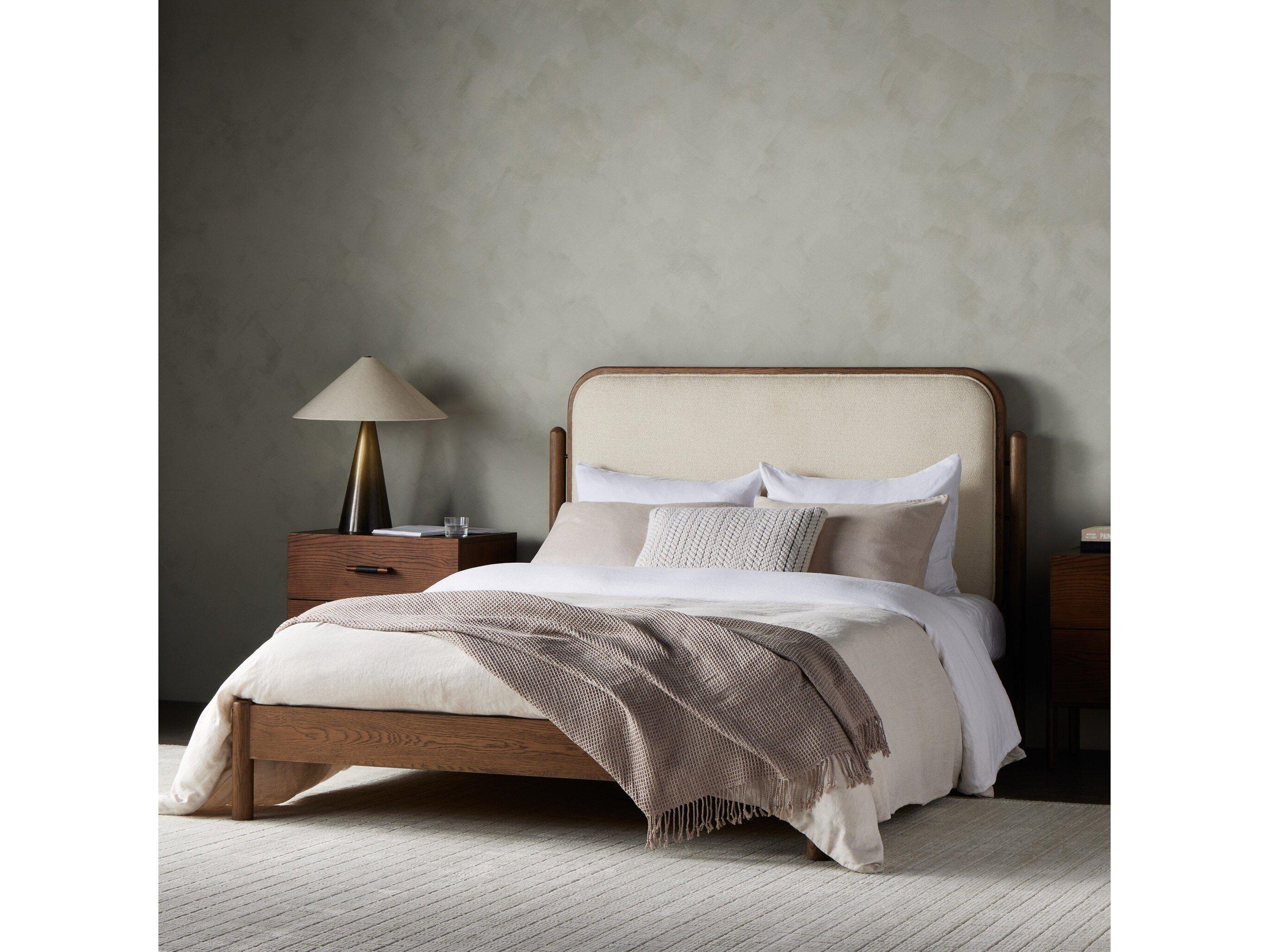 Four Hands Bolton Caroline Smoked Oak Kerbey Ivory Brown Wood Upholstered King Panel Bed