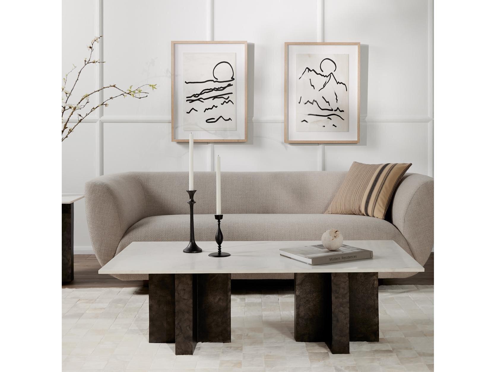 Four Hands Marlow Terrell Rectangular Raw Black Polished White Marble Coffee Table