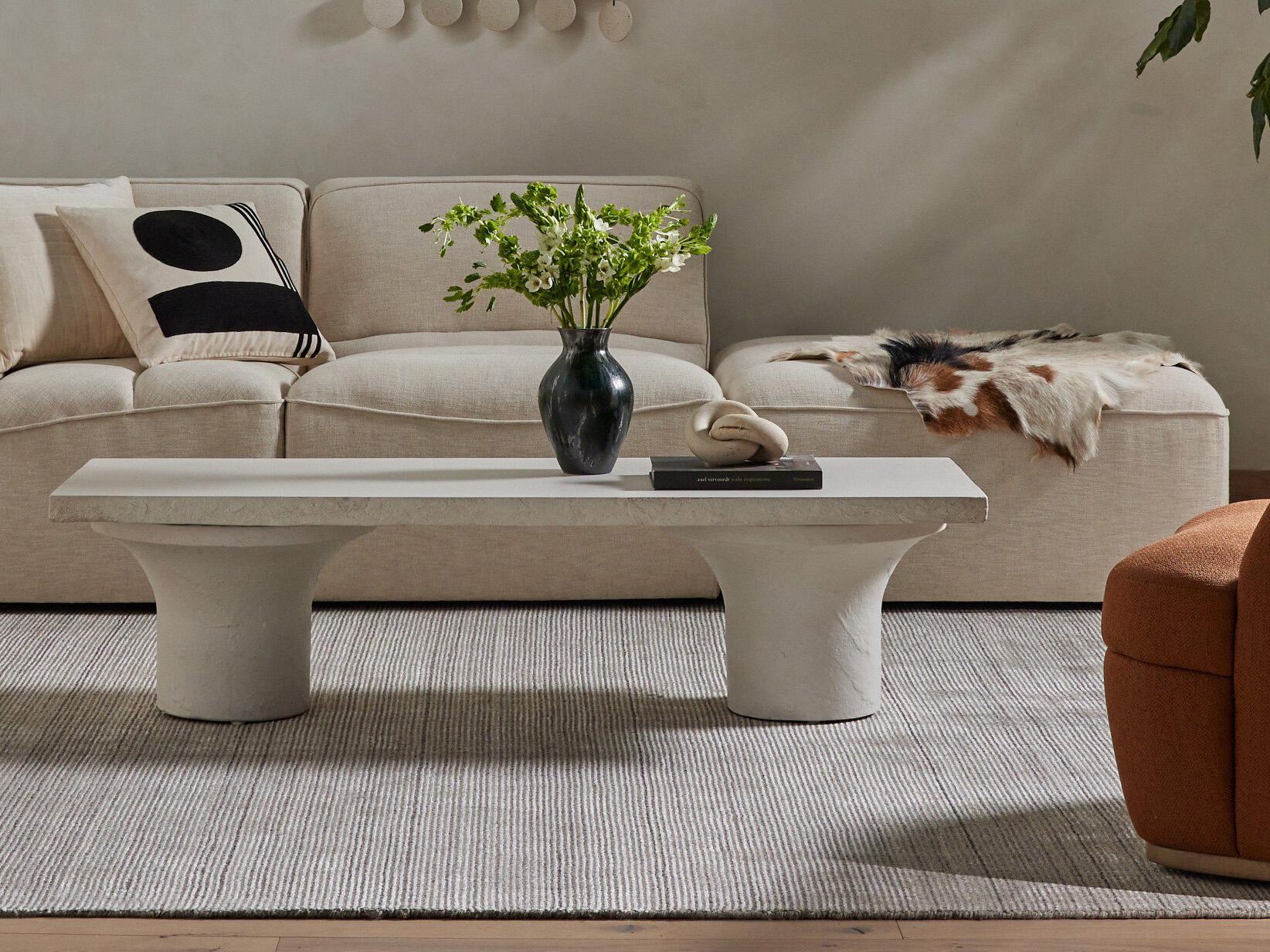 Four Hands Constantine Parra Rectangular Plaster Molded Concrete White Coffee Table