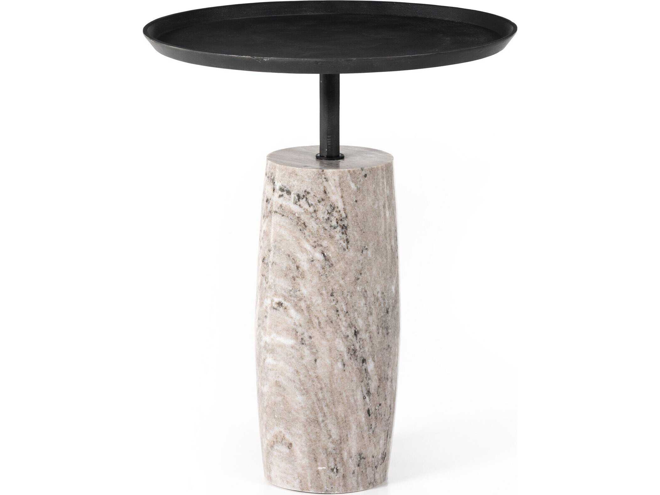 Four Hands Marlow Cronos Round Metal River Grey Marble Solid Aged End Table